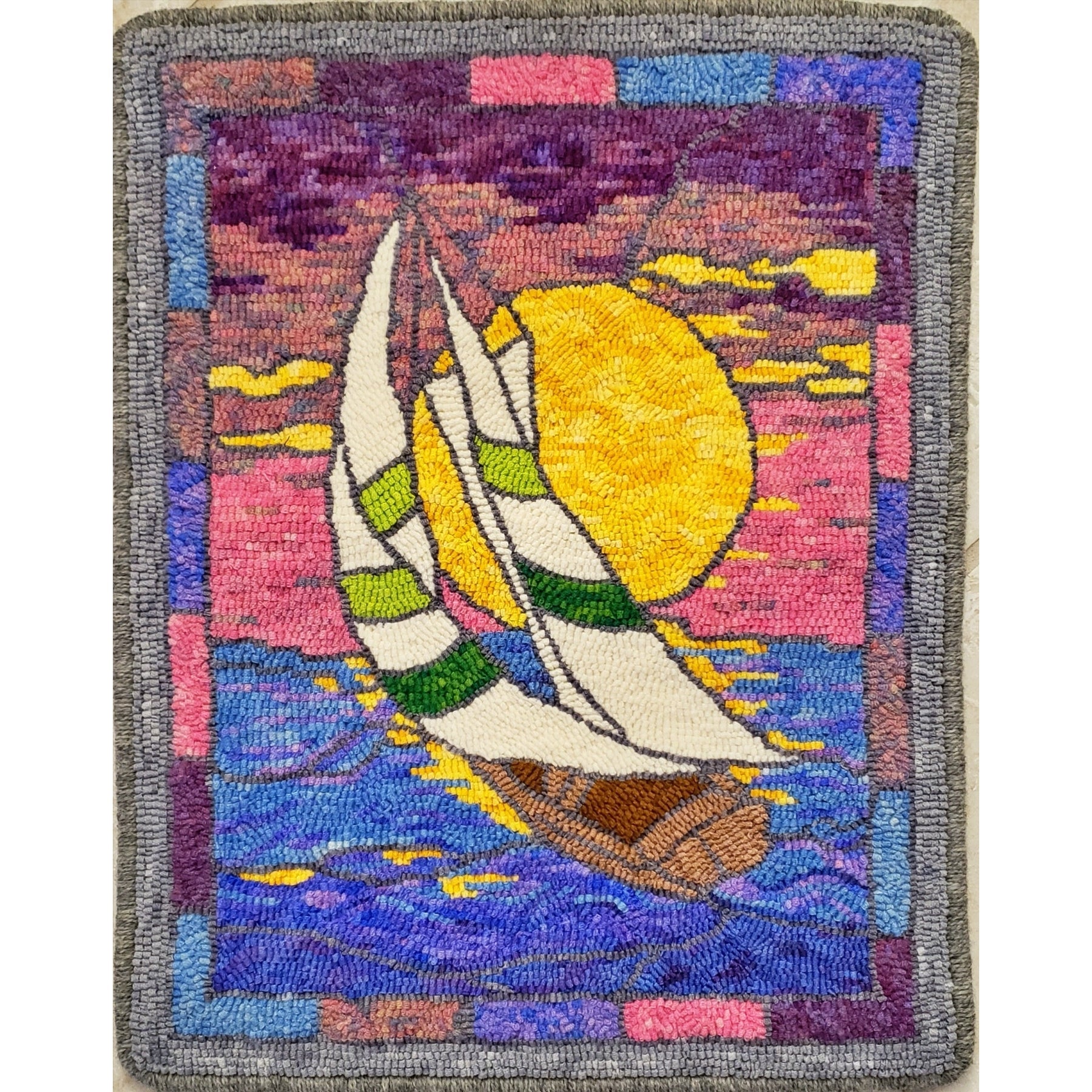 Stained Glass Boat, rug hooked by Donna Martin