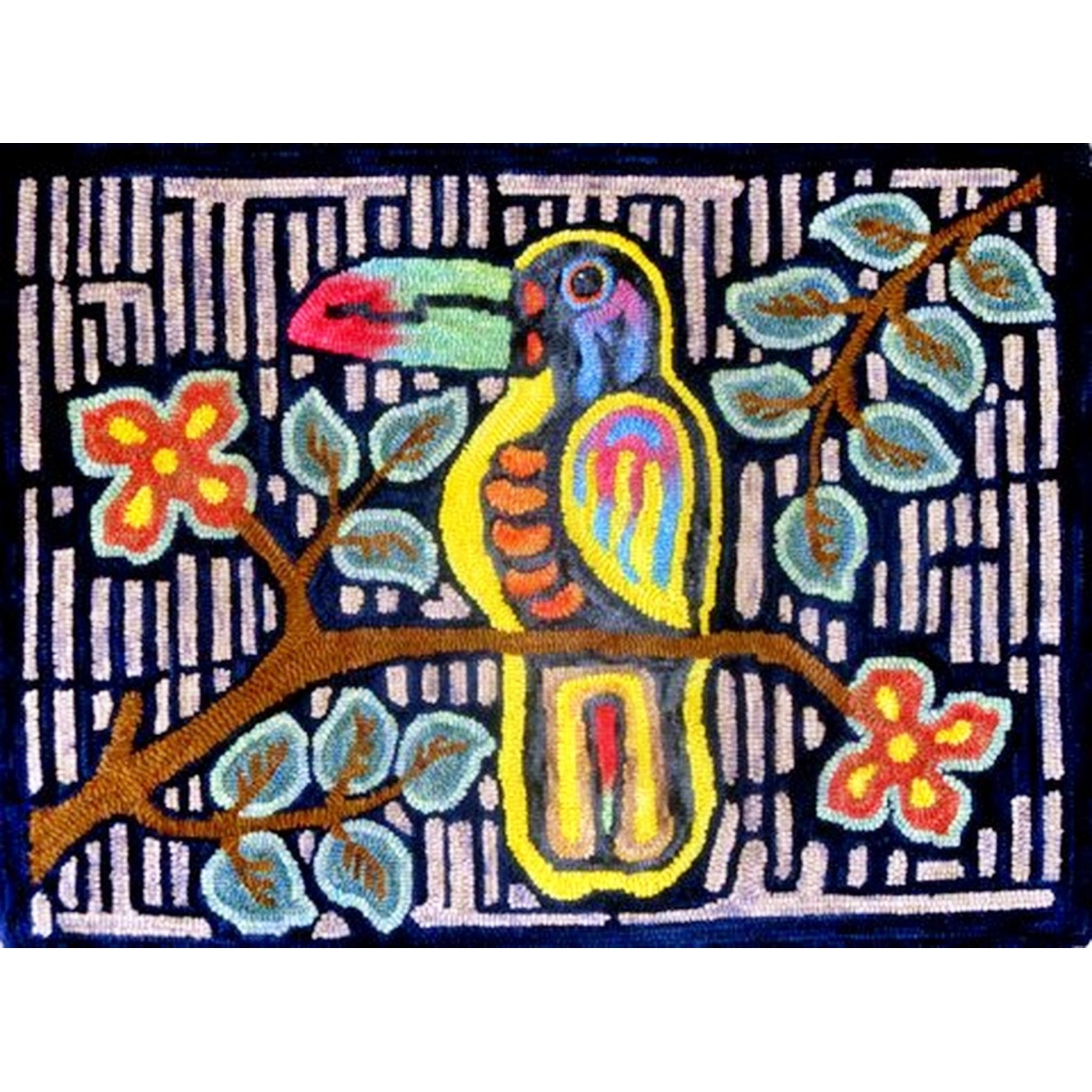 Toucan Mola, rug hooked by Karen Maddox