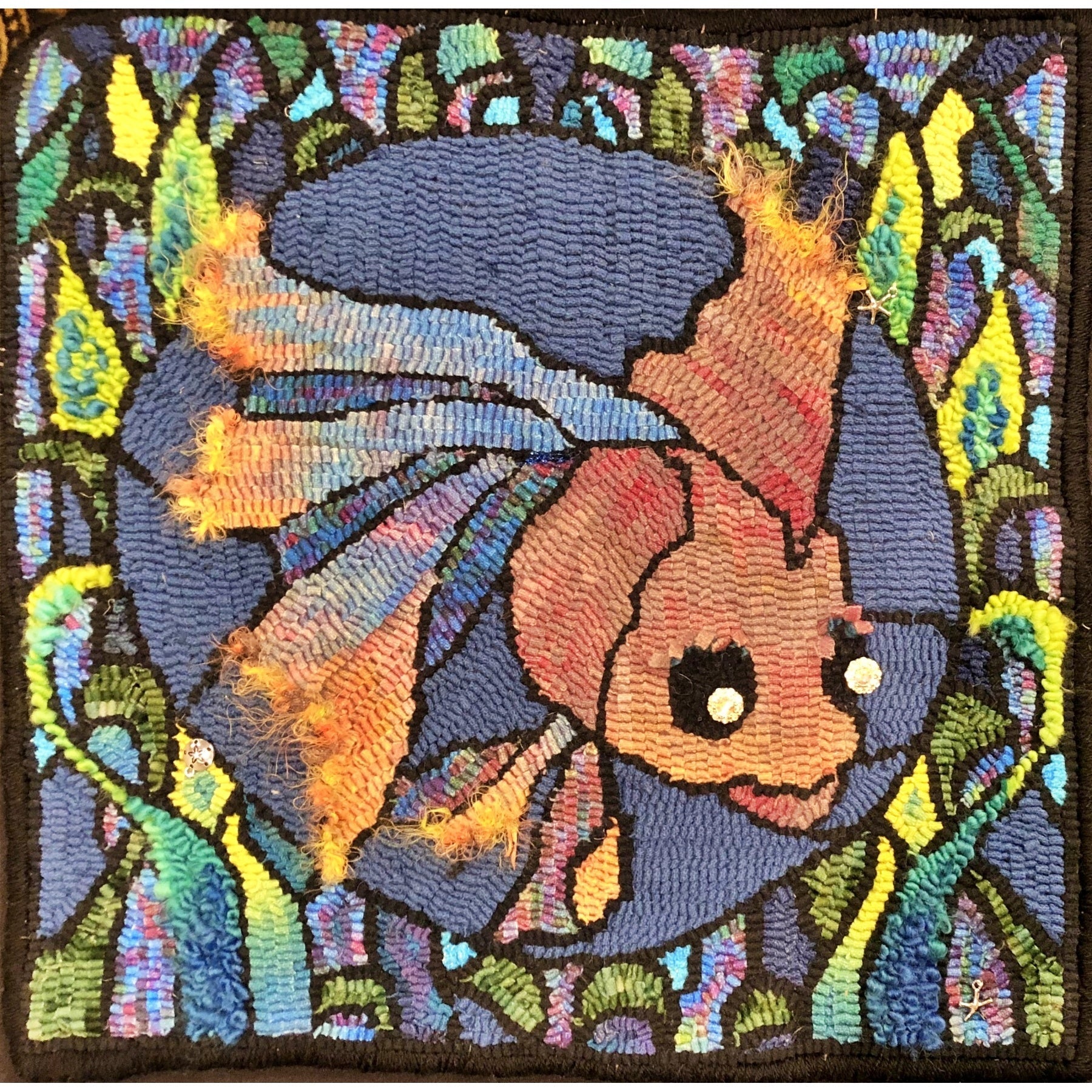 Stained Glass Fish, rug hooked by Anita Bahls