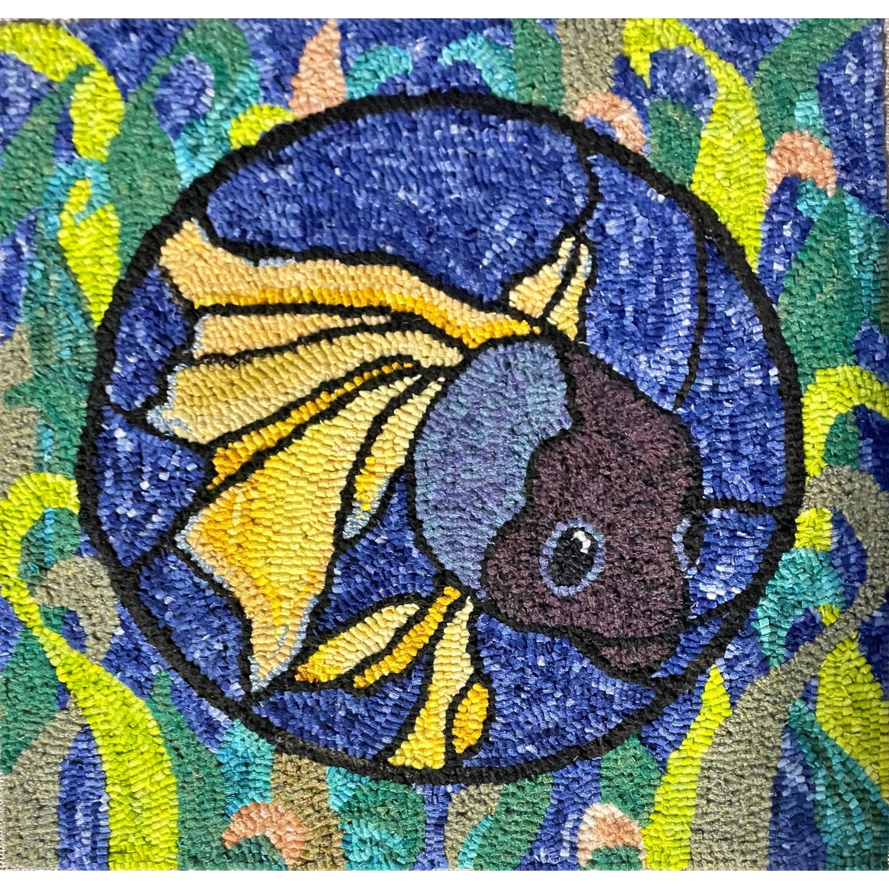 Stained Glass Fish, rug hooked by Kathleen Lynch