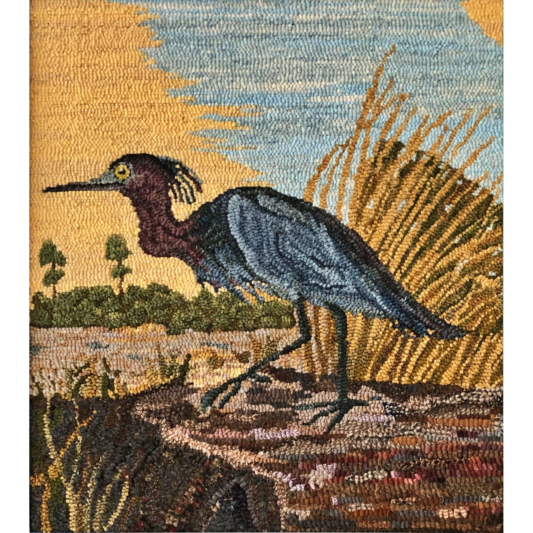 Little Blue Heron, rug hooked by Janet Williams