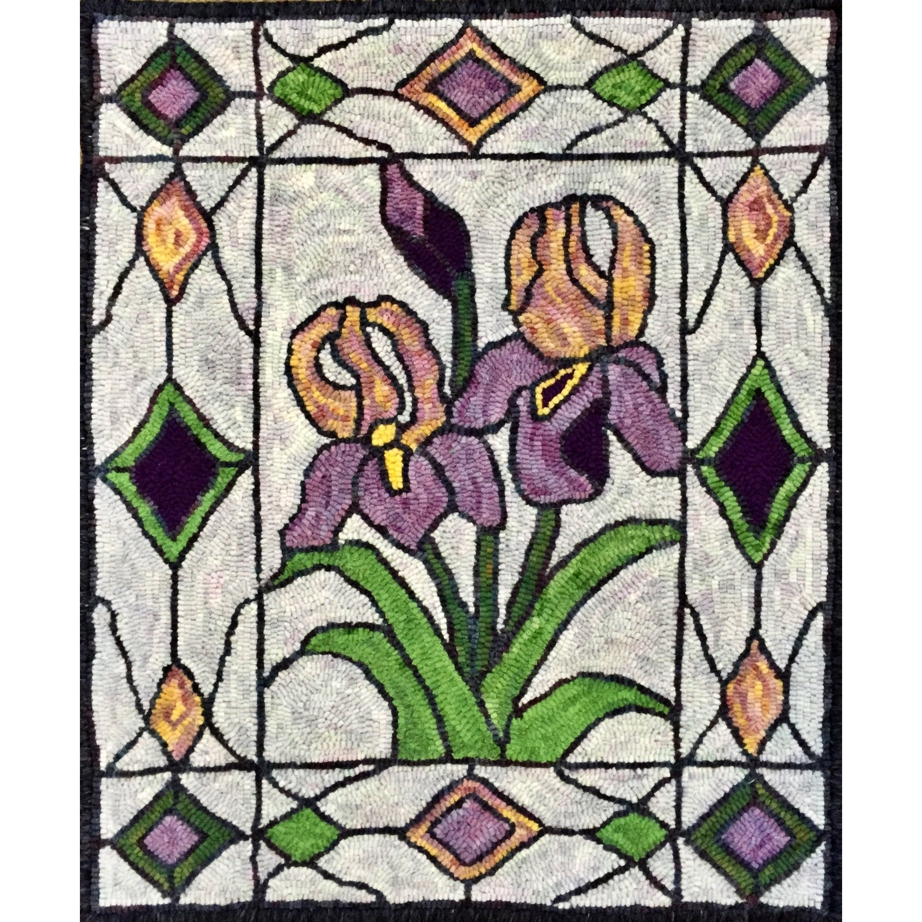 Iris Mosaic, rug hooked by Margaret Bedle