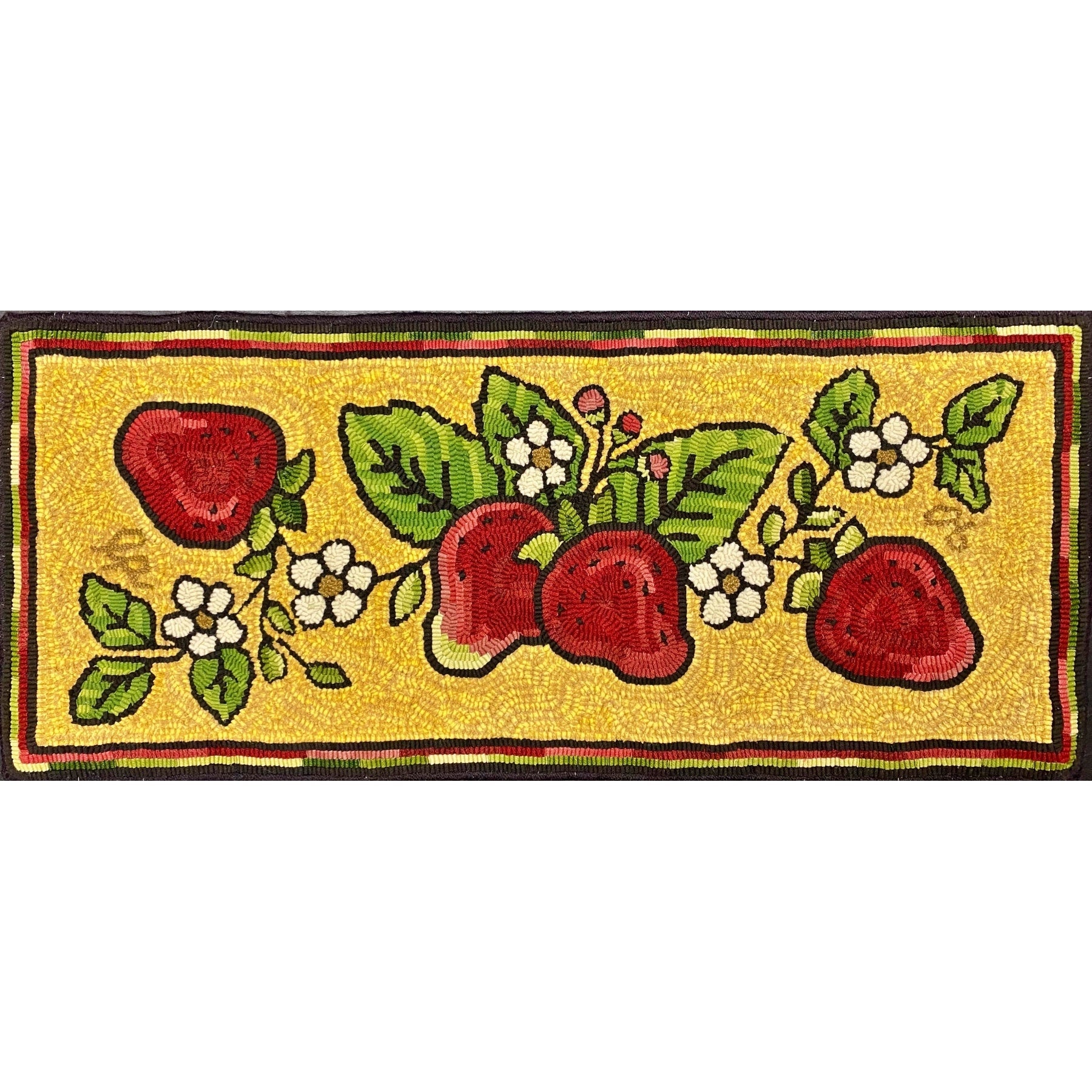 Grandma's Strawberries, rug hooked by Linda Powell
