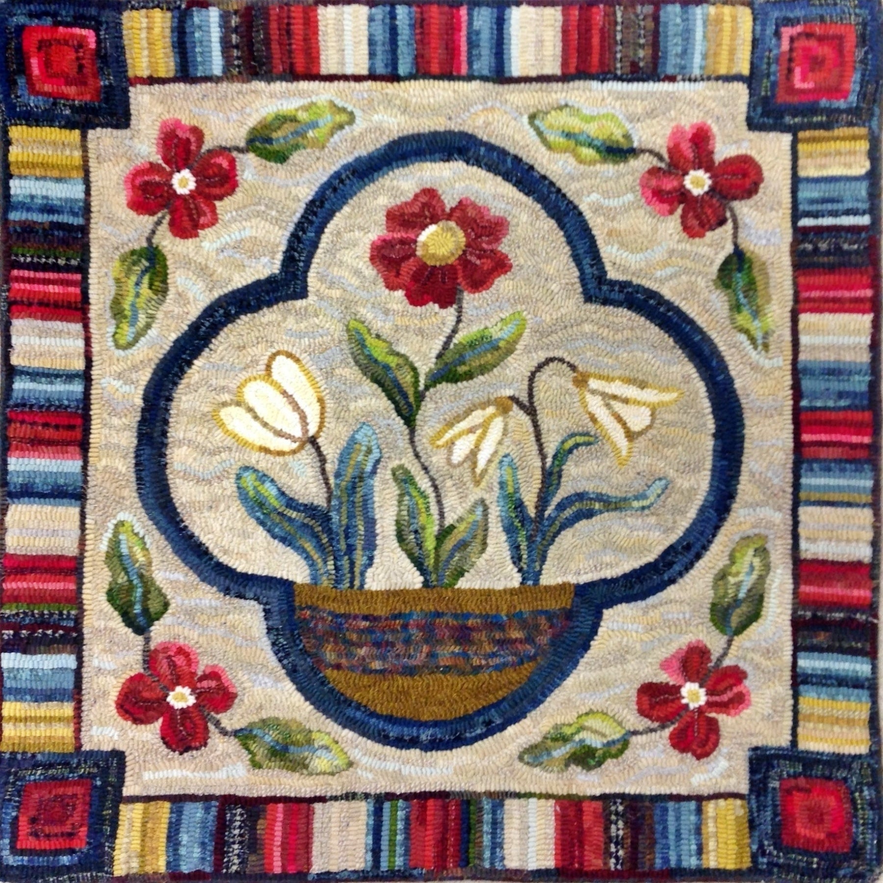 Floral Window, rug hooked by Kathie Meyers
