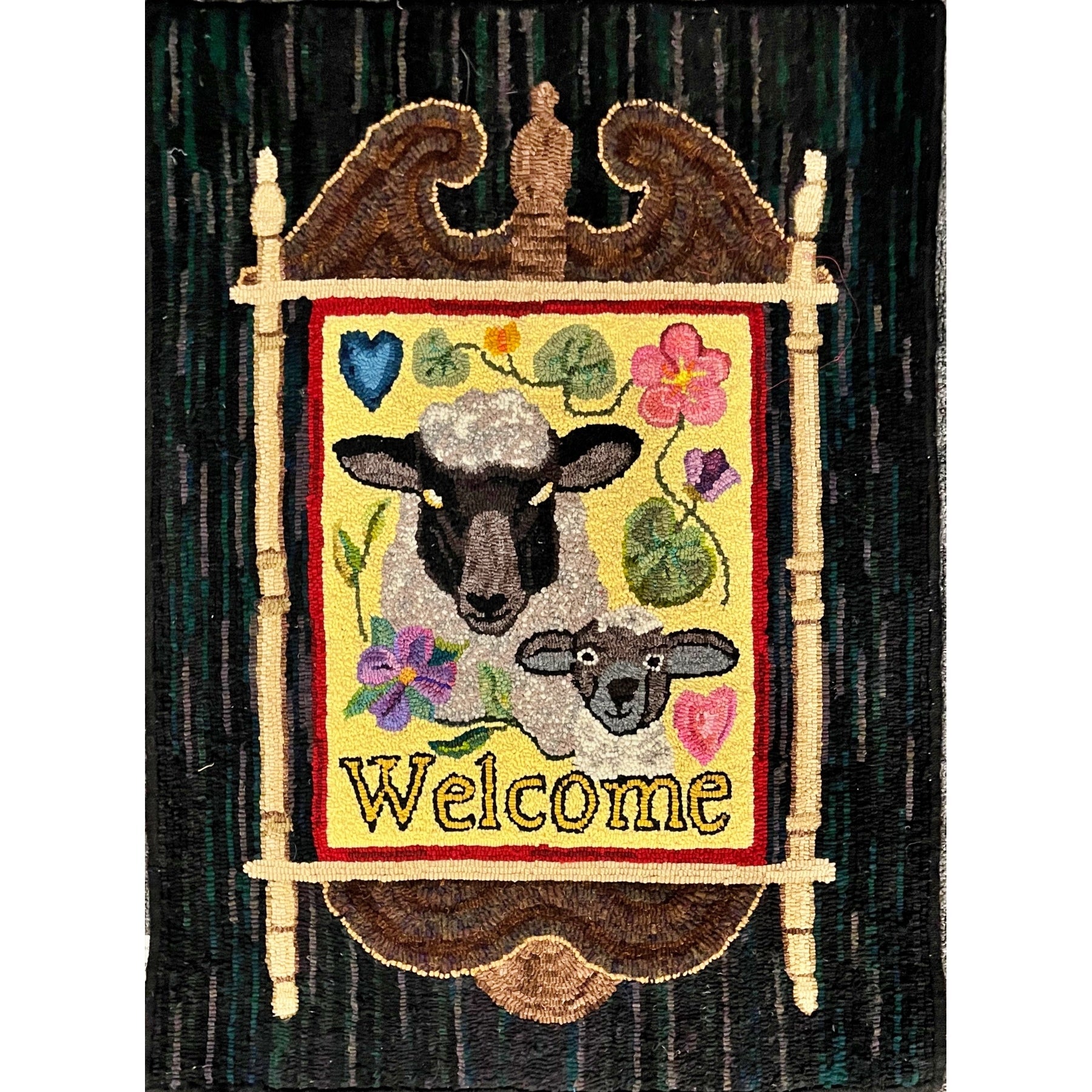 A Wooly Welcome, rug hooked by Judy Peluso