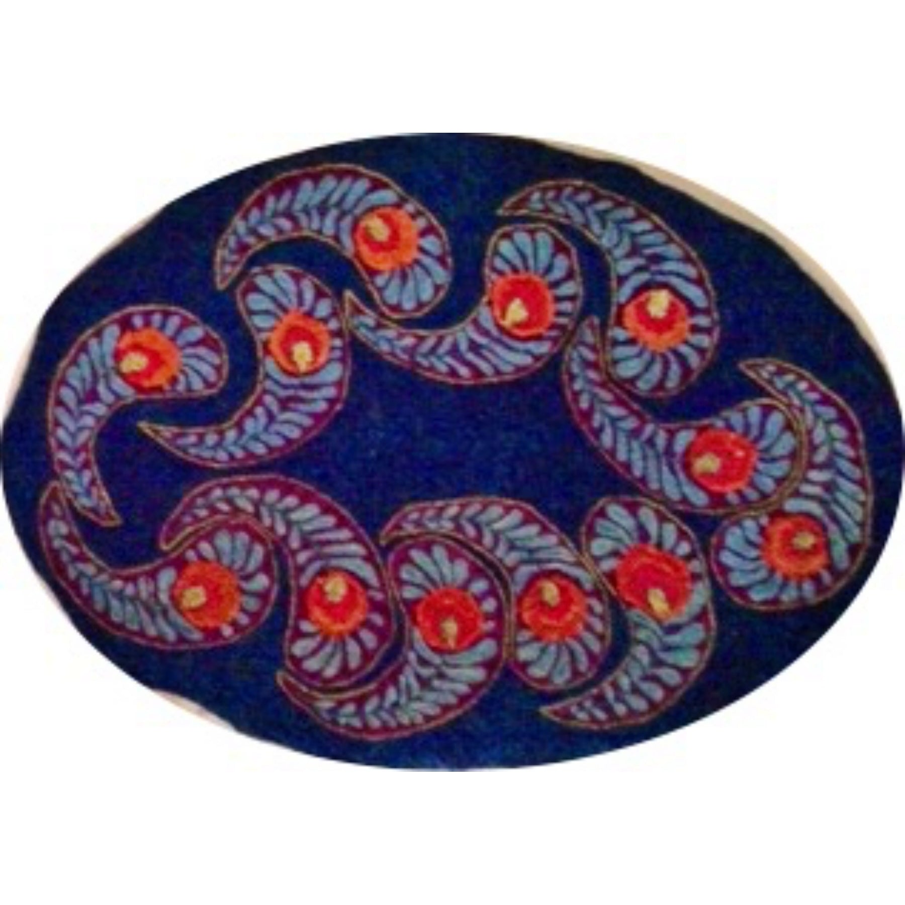 Peacock Paisley, rug hooked by Nancy Jewett