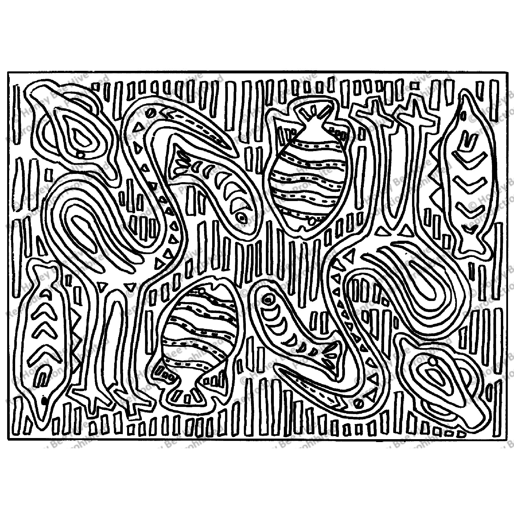 Heron & Fish Mola, rug hooking pattern