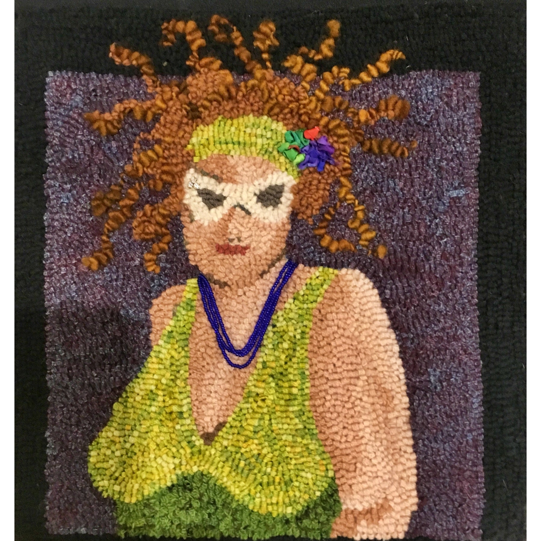 What's She Selling?, rug hooked by Beverly Mulcahy