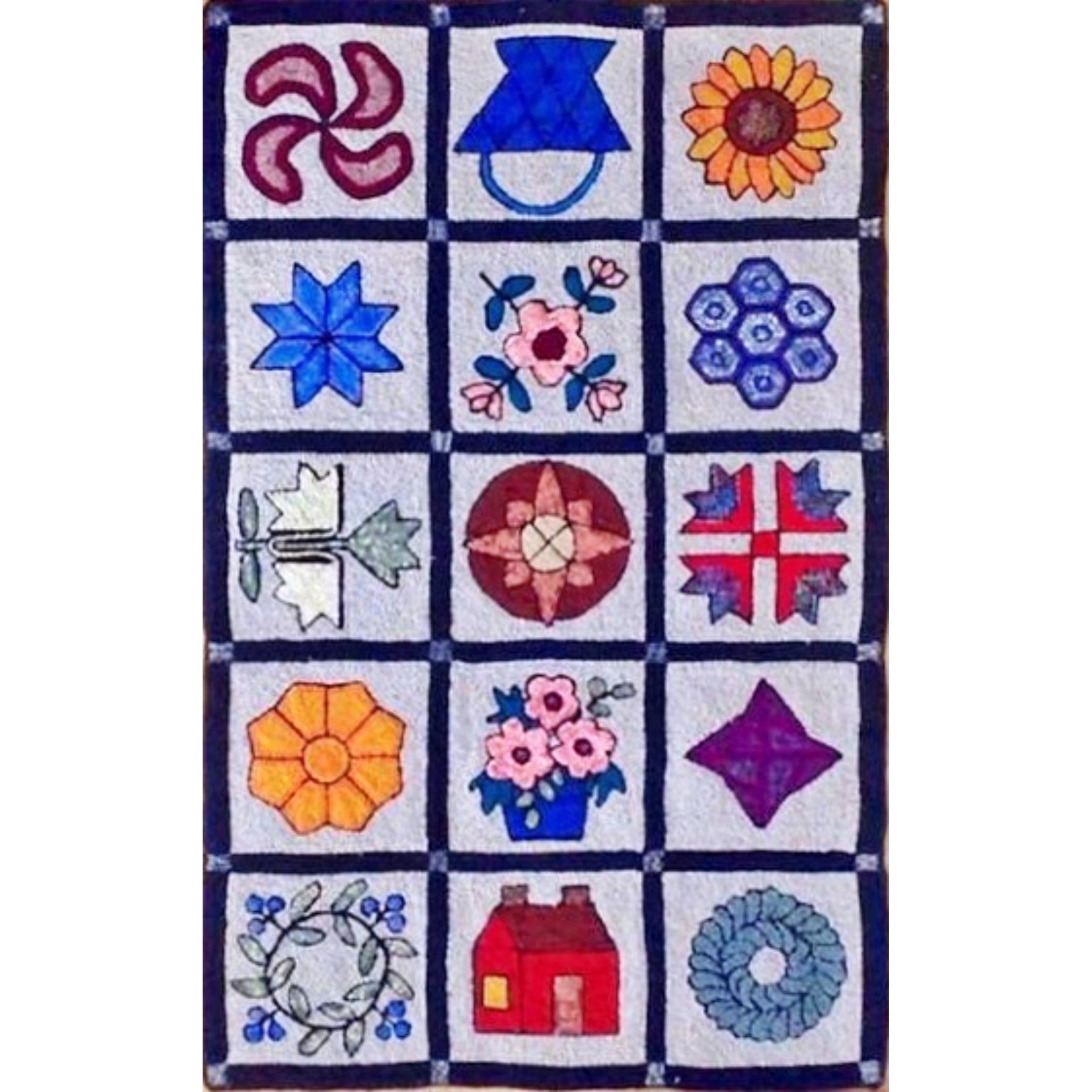 Quilt Sampler For Wide Cut, rug hooked by Biffie Norris Gallant