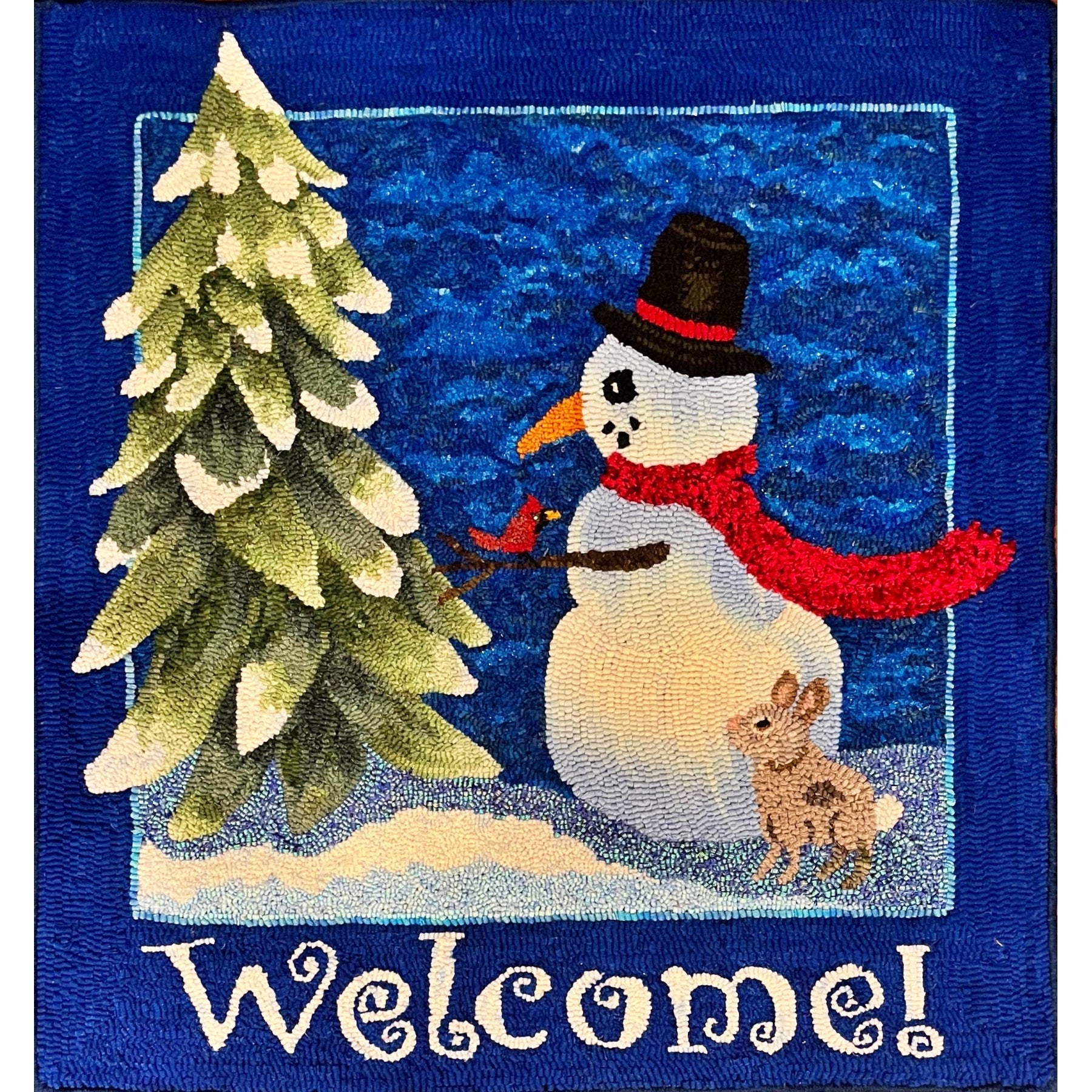 Snowman Welcome, rug hooked by Vivily Powers