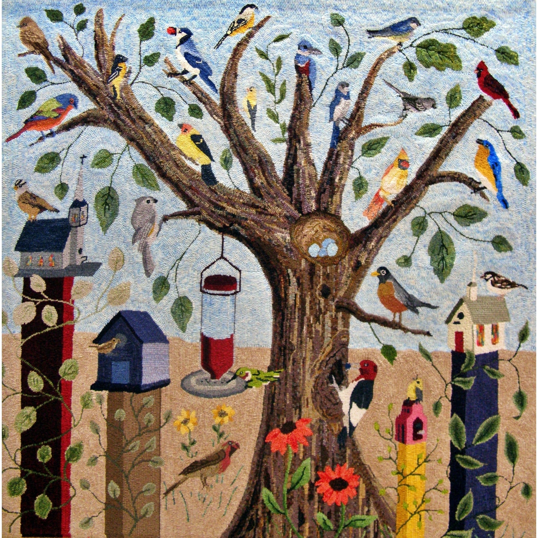Tree with Birds and Birdhouses, rug hooked by Karen Maddox & Sondra Kellar