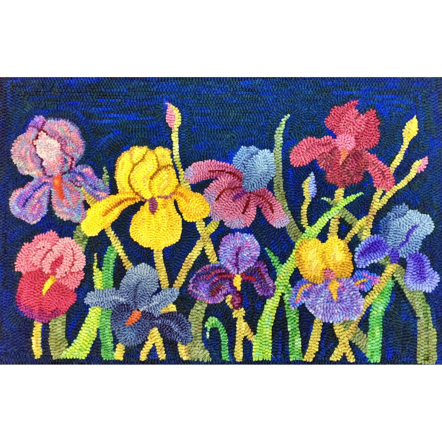 Irises, rug hooked by Karen Maddox