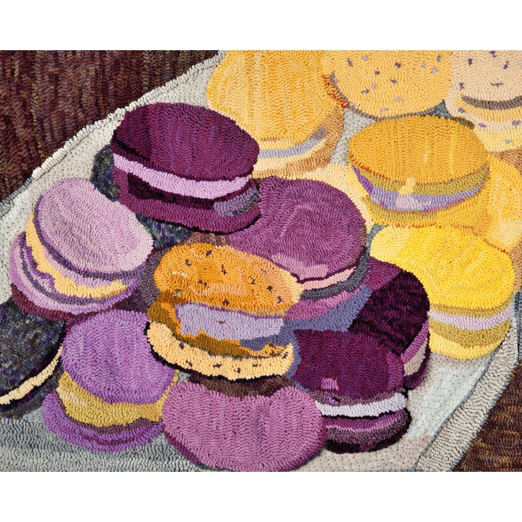 Plate of Macaroons, rug hooked by Victoria Rudolph
