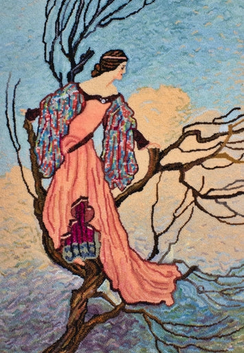 Princess standing in tree, ill. Warwick Goble, 1913, rug hooked by Helen Mar Parkin