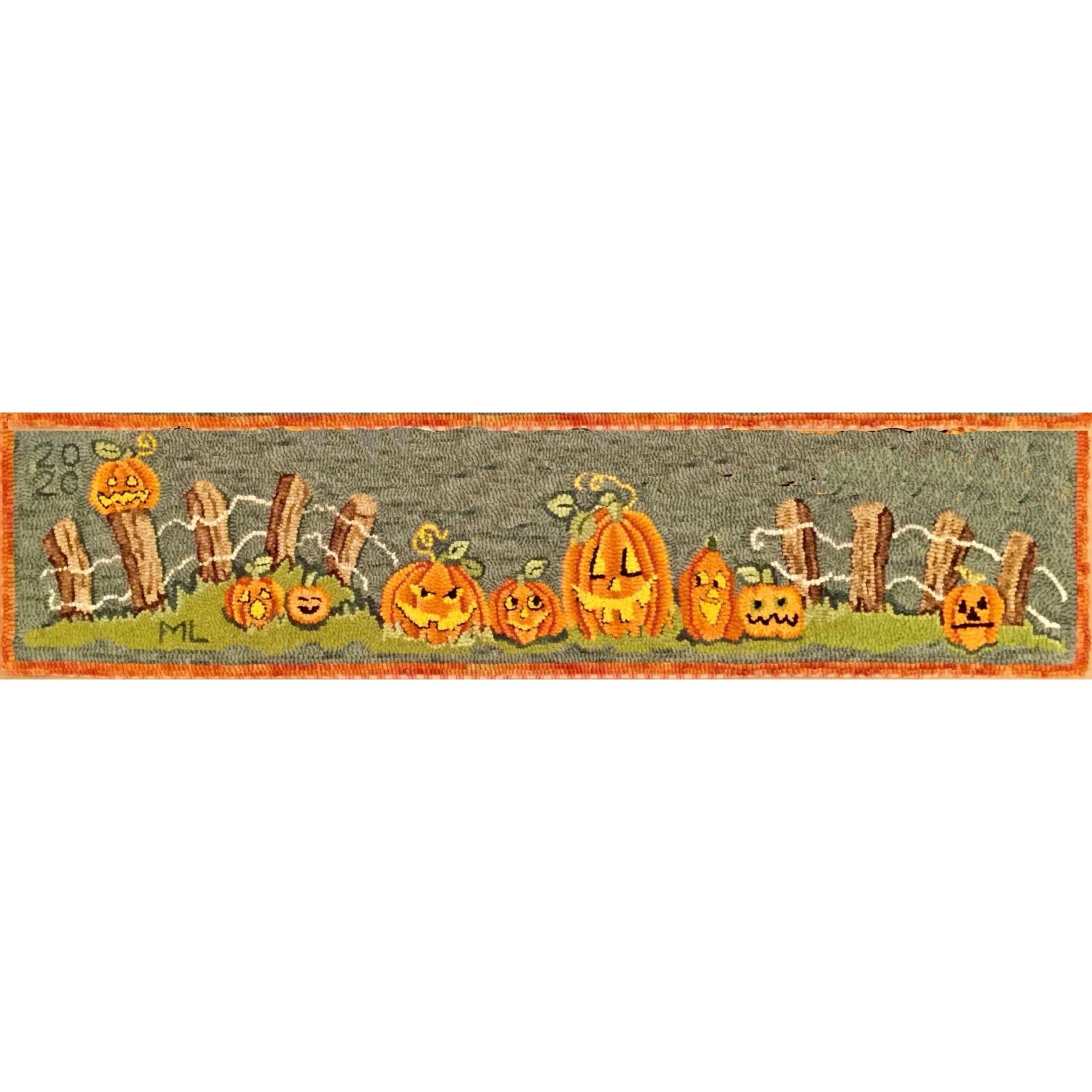 9 Jacks - Row of Pumpkins, rug hooked by Martha Lowry