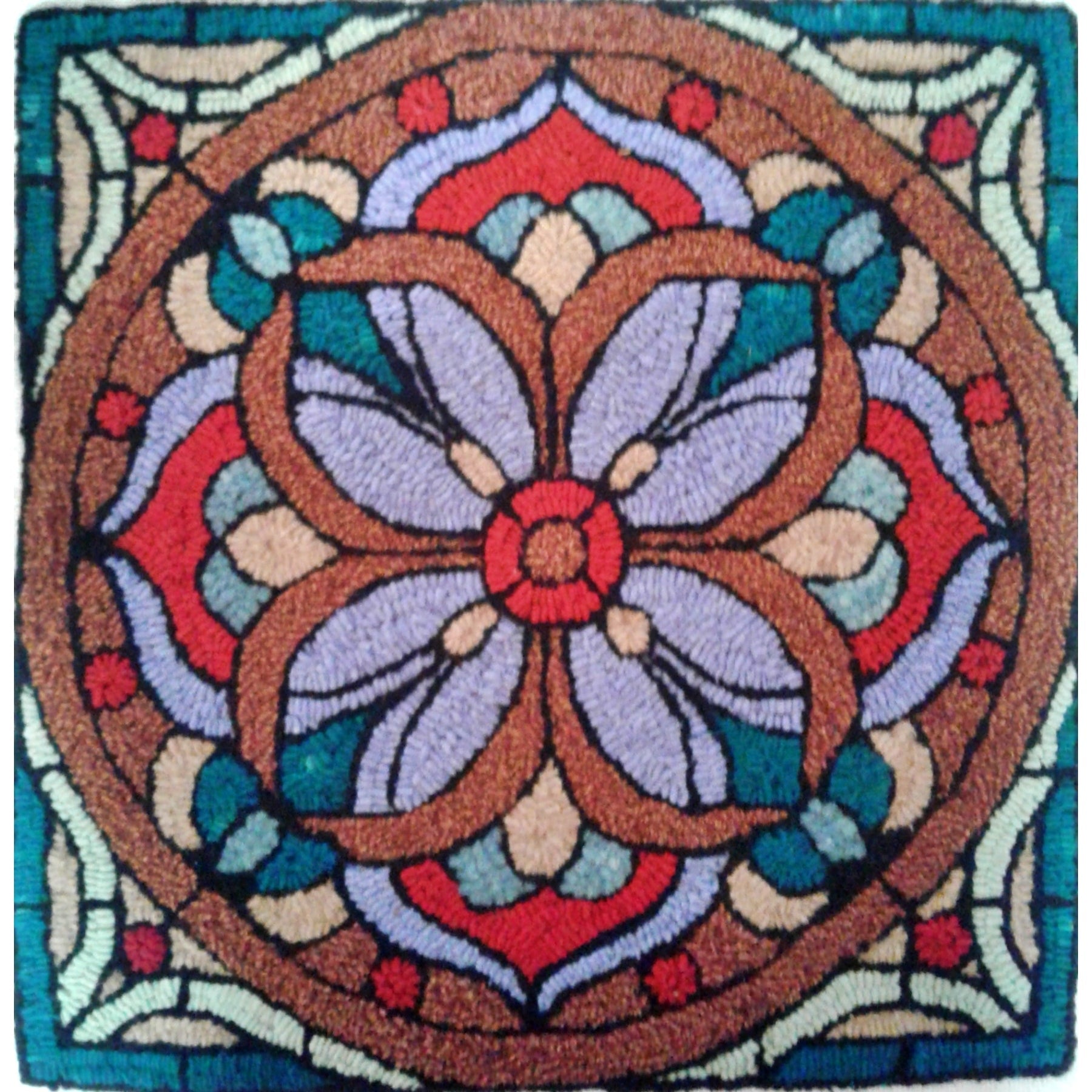 Stained Glass Mosaic, rug hooked by Judy Nedrow