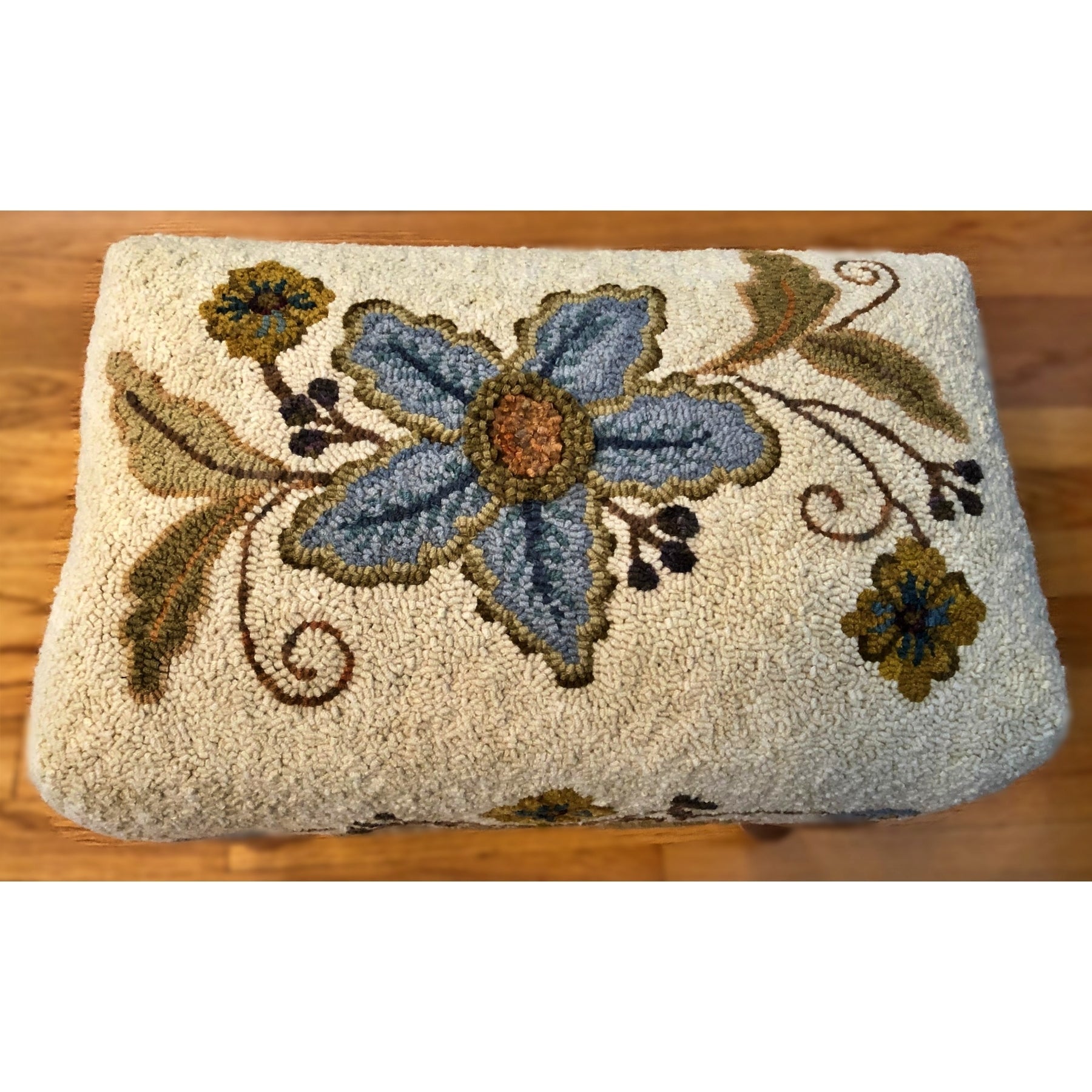 Crewel - Queen Anne Footstool Pattern, rug hooked by Cheryl Singley