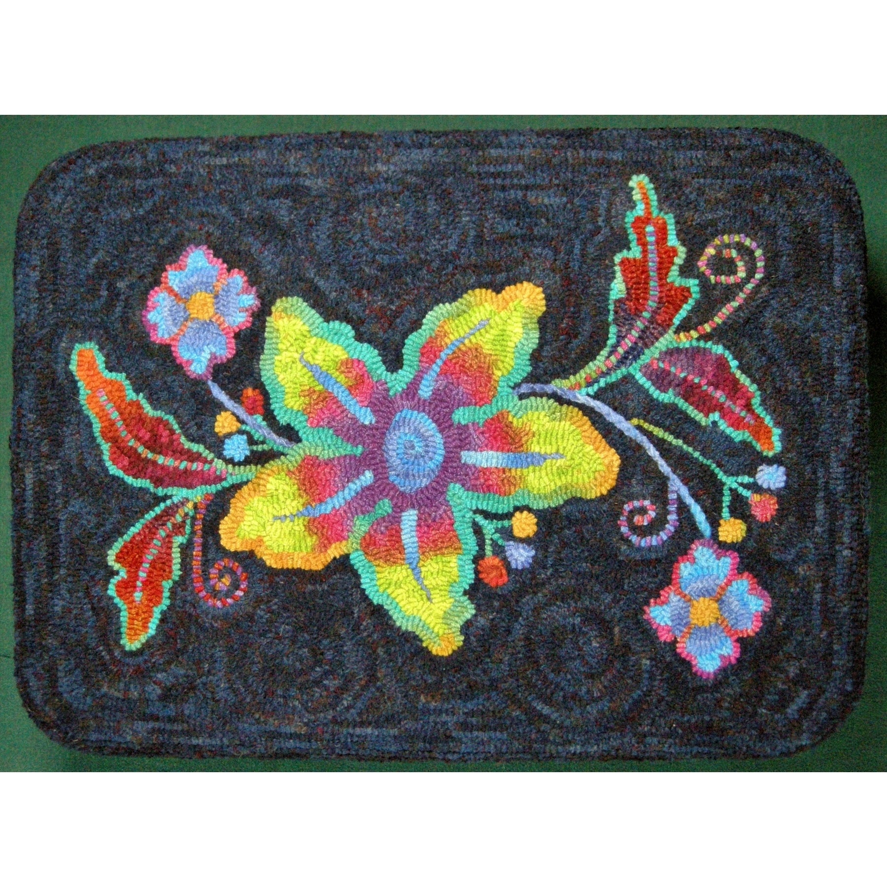 Crewel - Country Footstool Pattern, rug hooked by Helen Mar Parkin