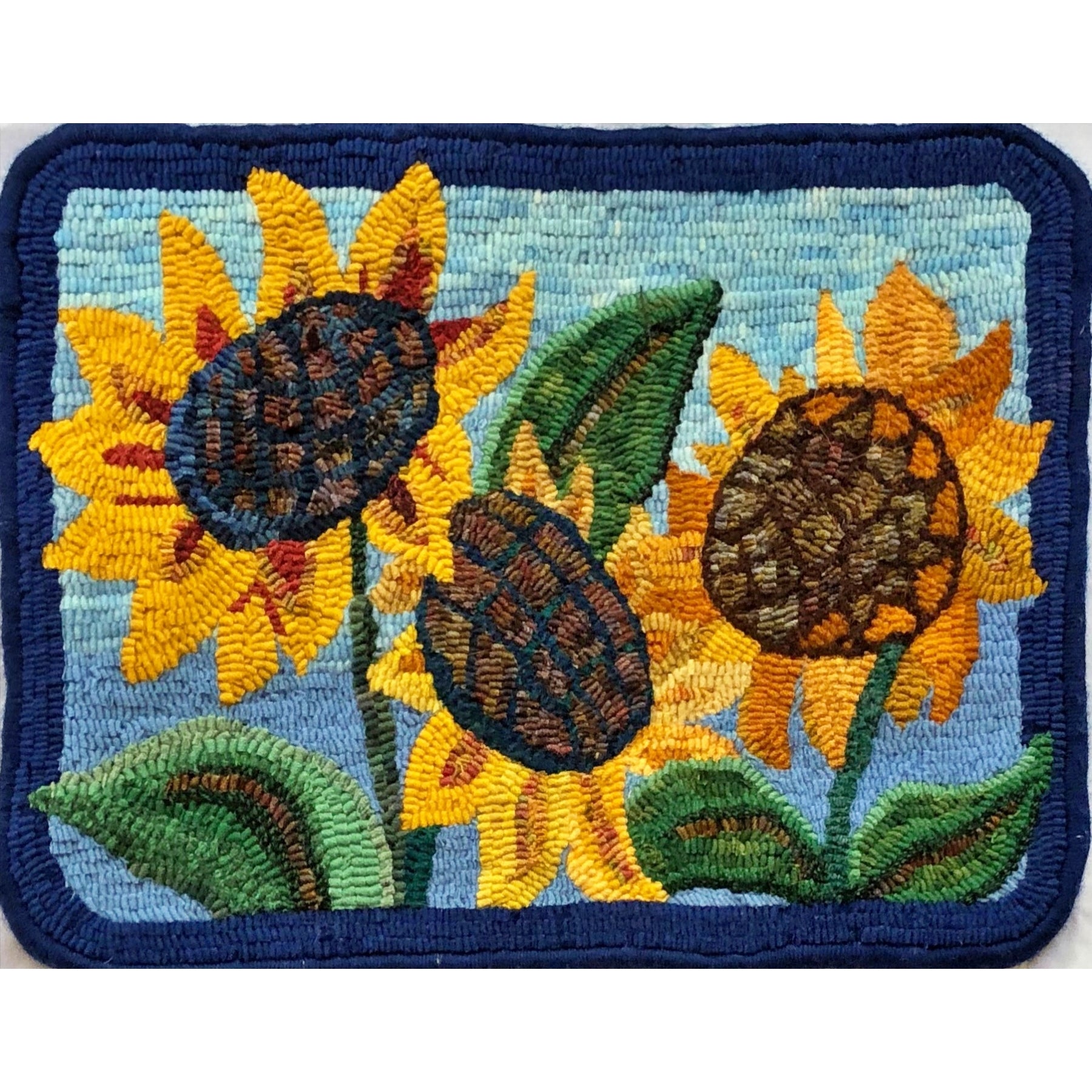 Sunflowers - Country Footstool Pattern, rug hooked by Celeste Bessette
