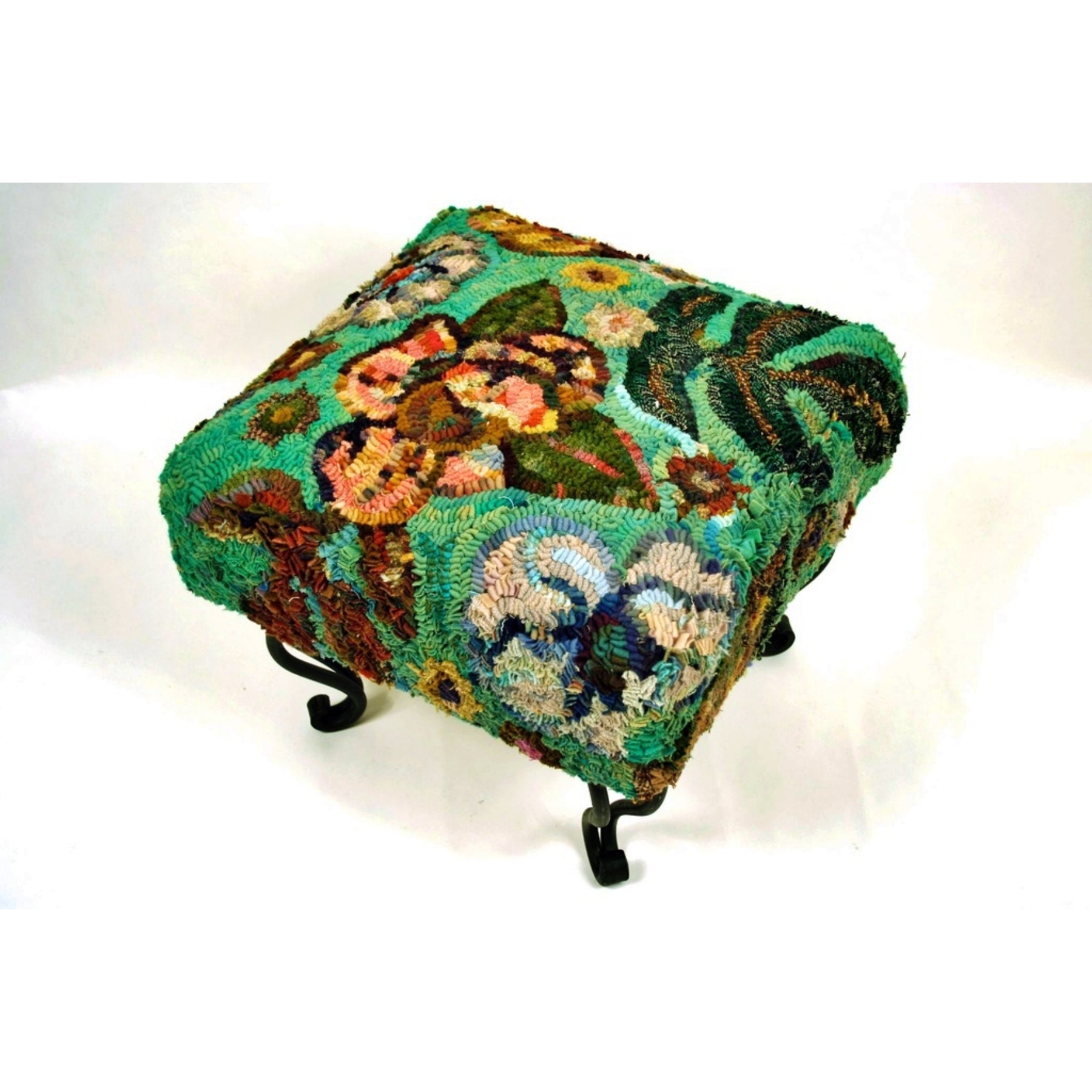 Proddy Floral - Square Footstool Pattern, rug hooked by Kim Nixon