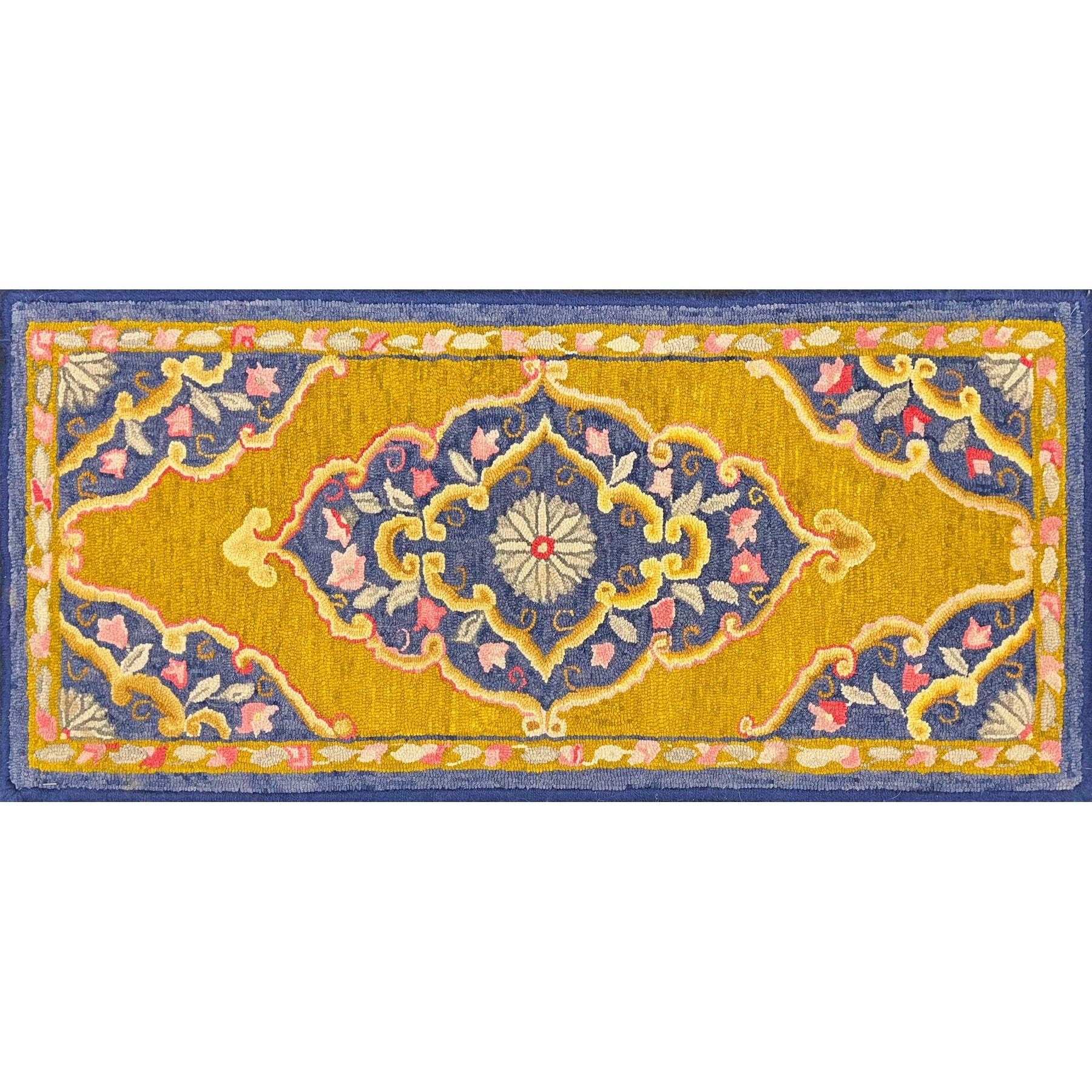 Kerman Bench, rug hooked by Liz Abel