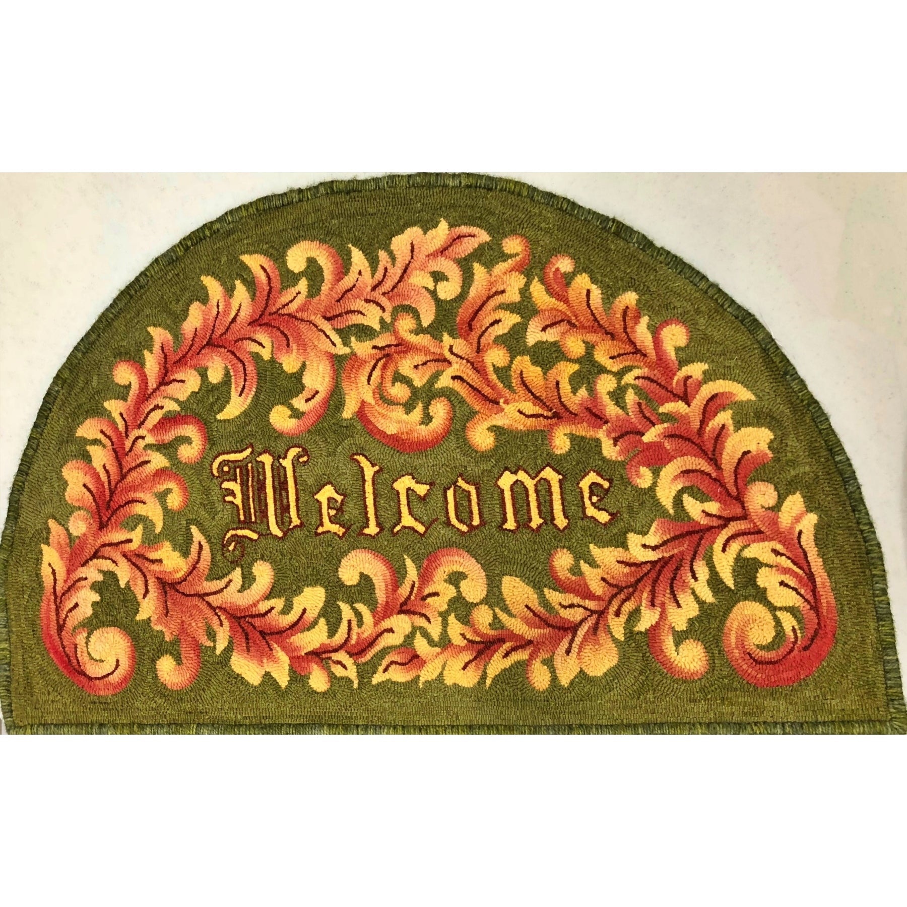 Scroll Welcome, rug hooked by Karen Cormier