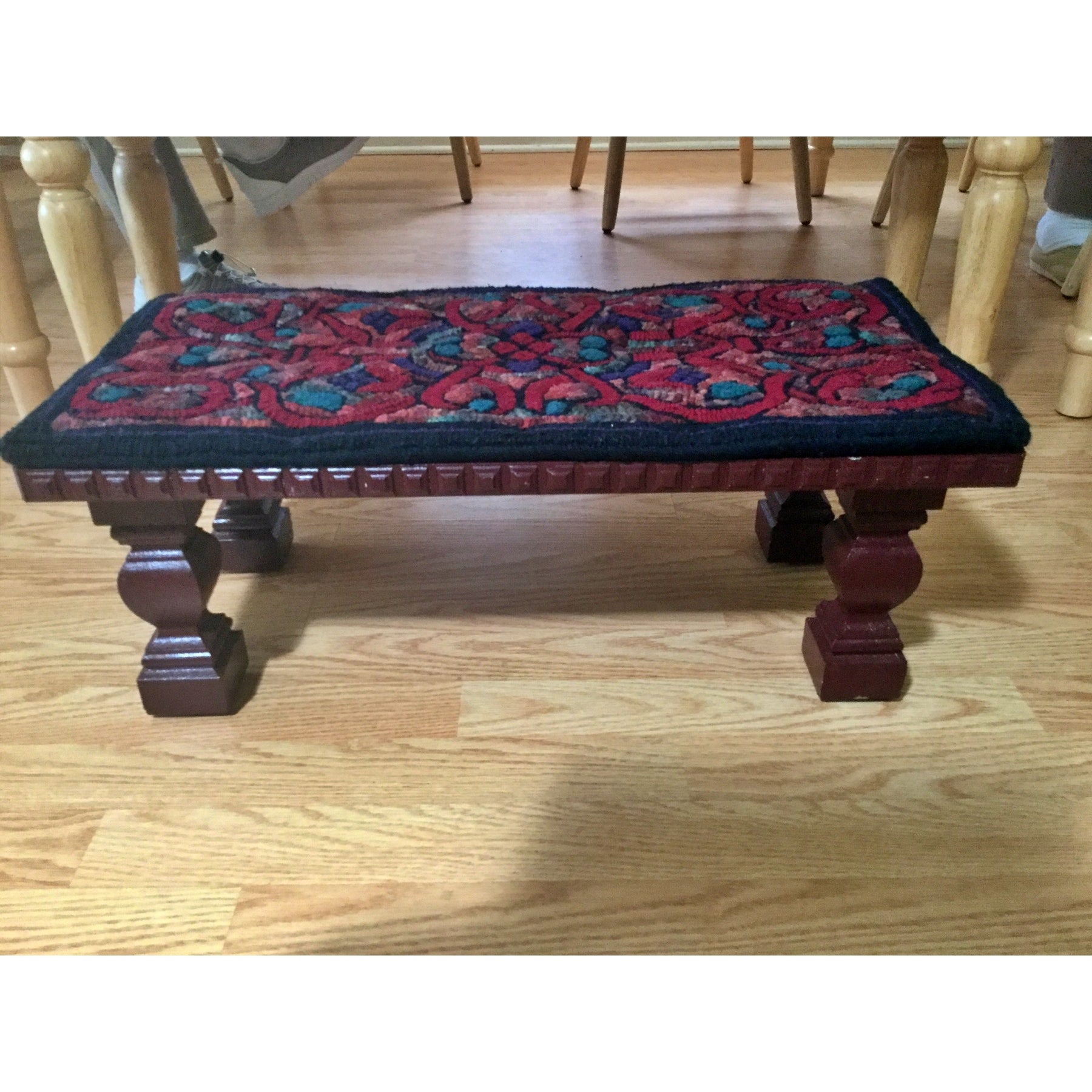 Stained Glass Bench, rug hooked by Linda Neary