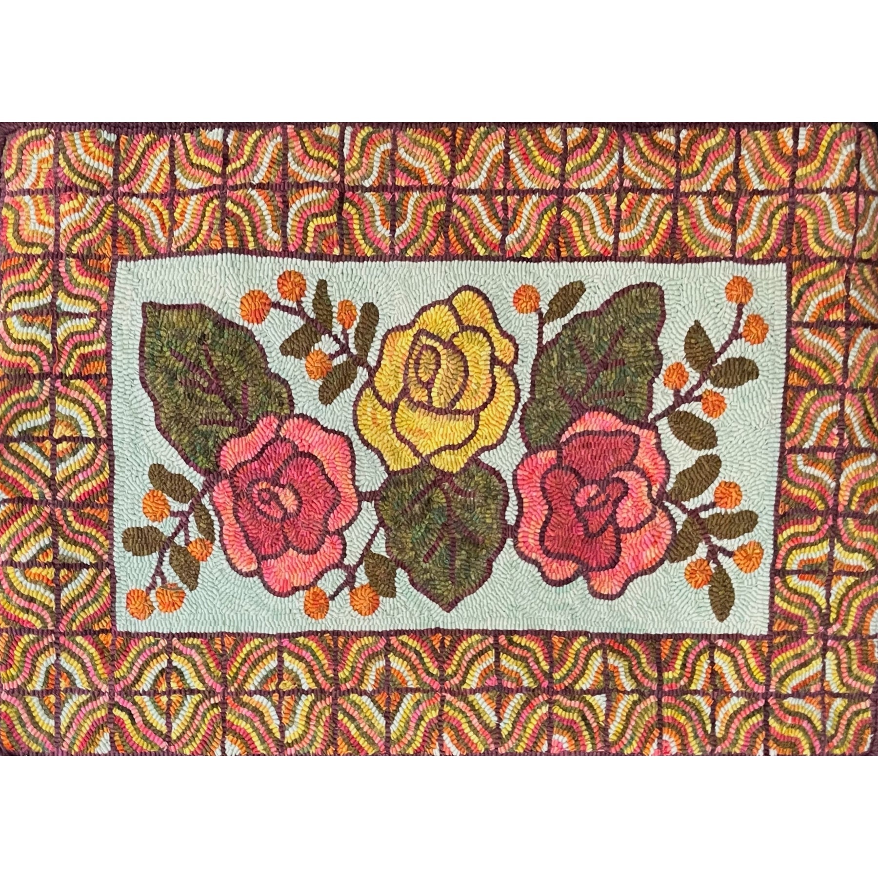 Three Rose Antique, rug hooked by Karen Healey