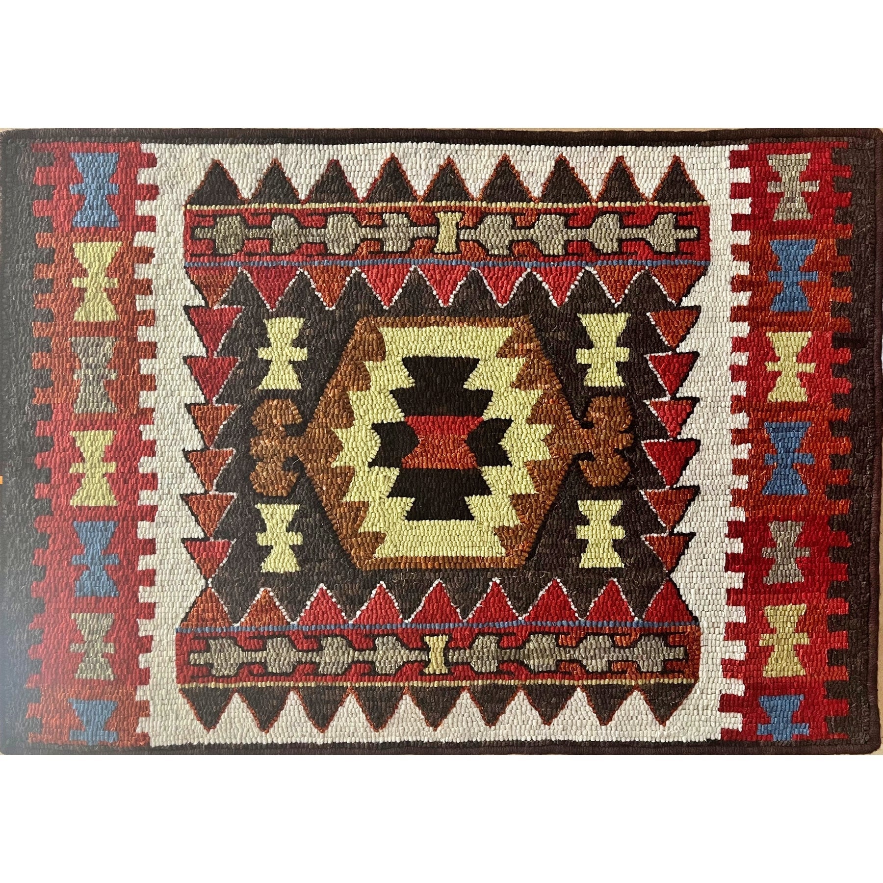Mini Tribal Kilim, rug hooked by Lynne Howard
