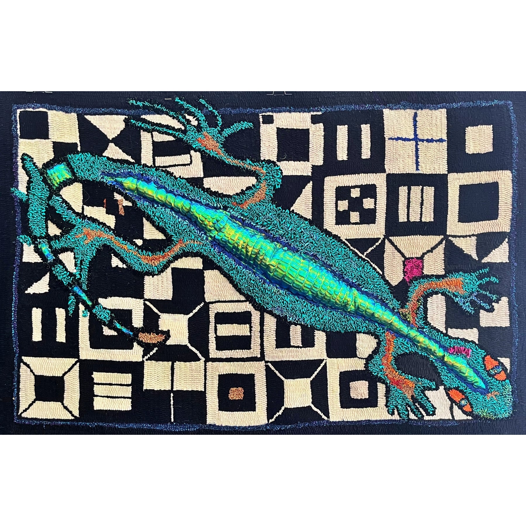 Geometric Potpouri, rug hooked by Margaret Wenger (adapted - added Lizard)