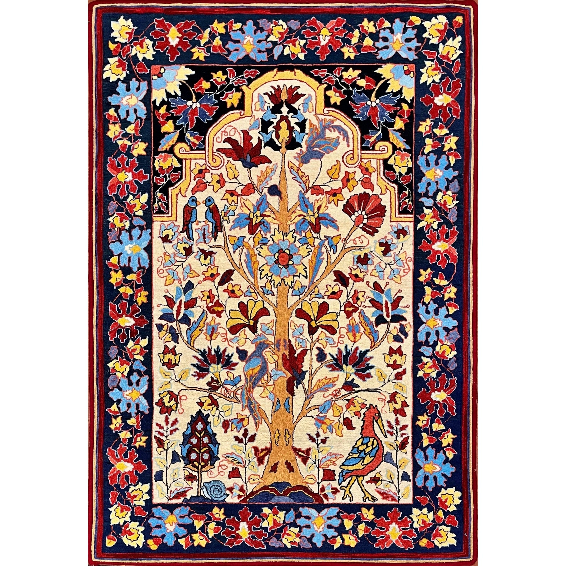 Birds Of Sarouk, rug hooked by Lori Rokusek