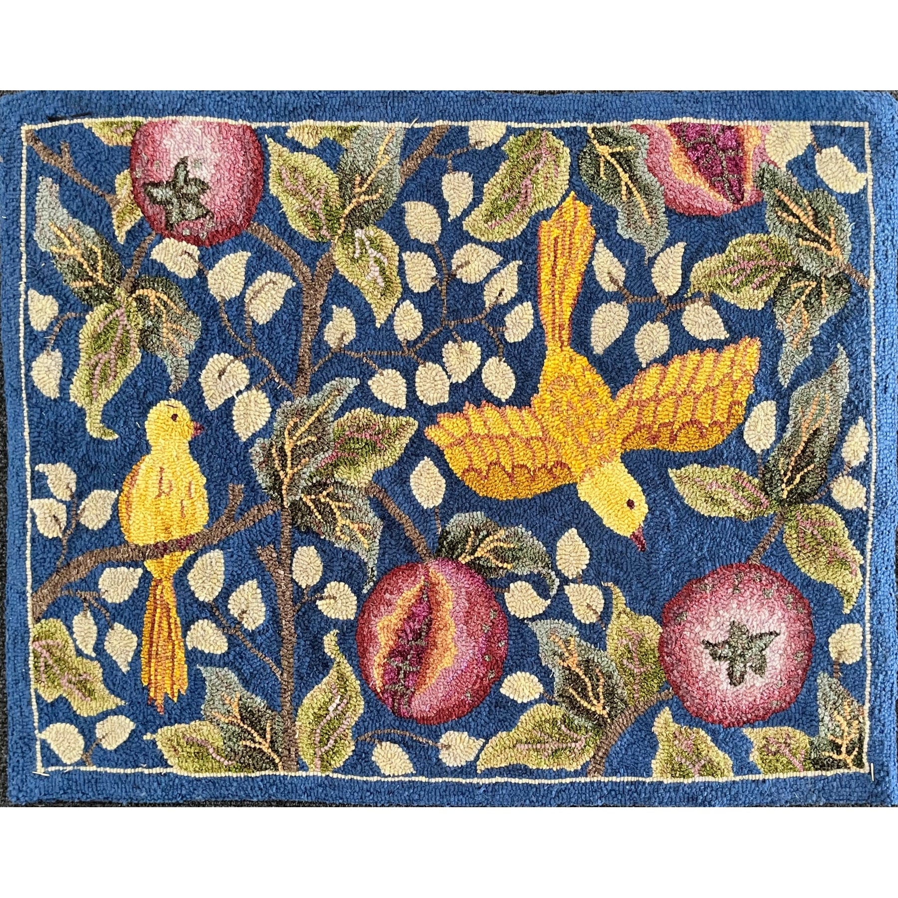 Morris Birds and Poms with Border, rug hooked by Dawn Hebert