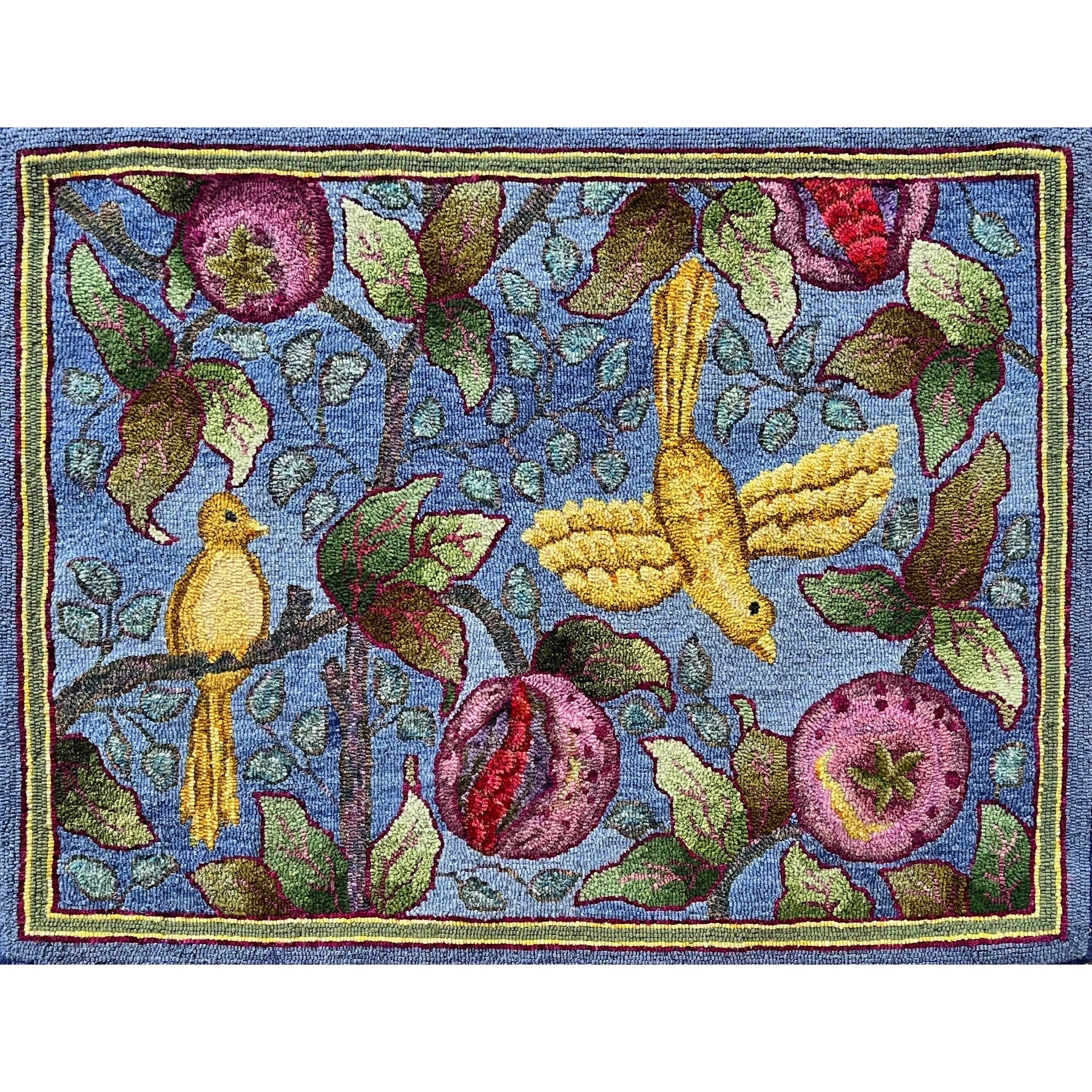 Morris Birds and Poms with Border, rug hooked by Jane McGown Flynn