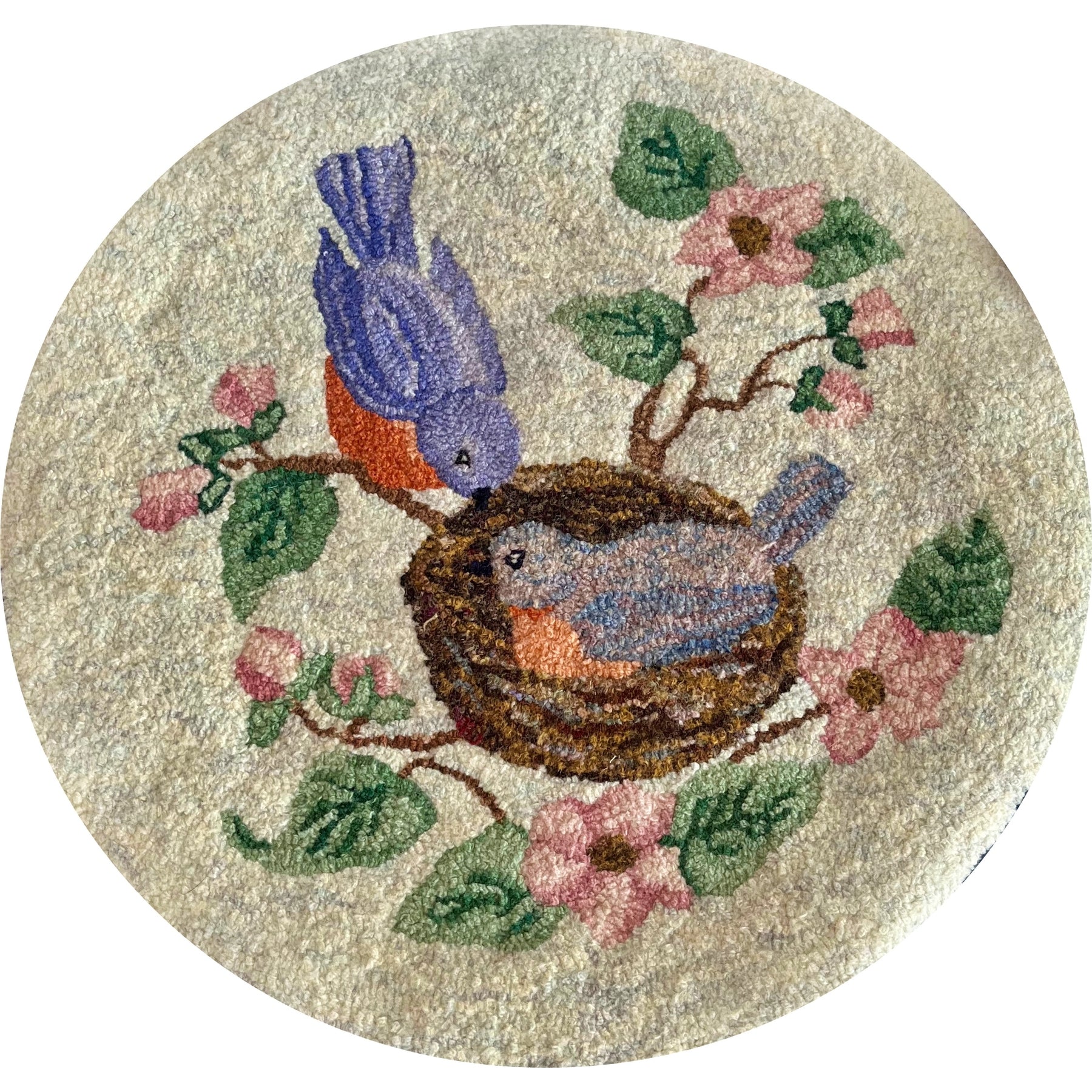 Bluebirds, rug hooked by Christine Wardrop