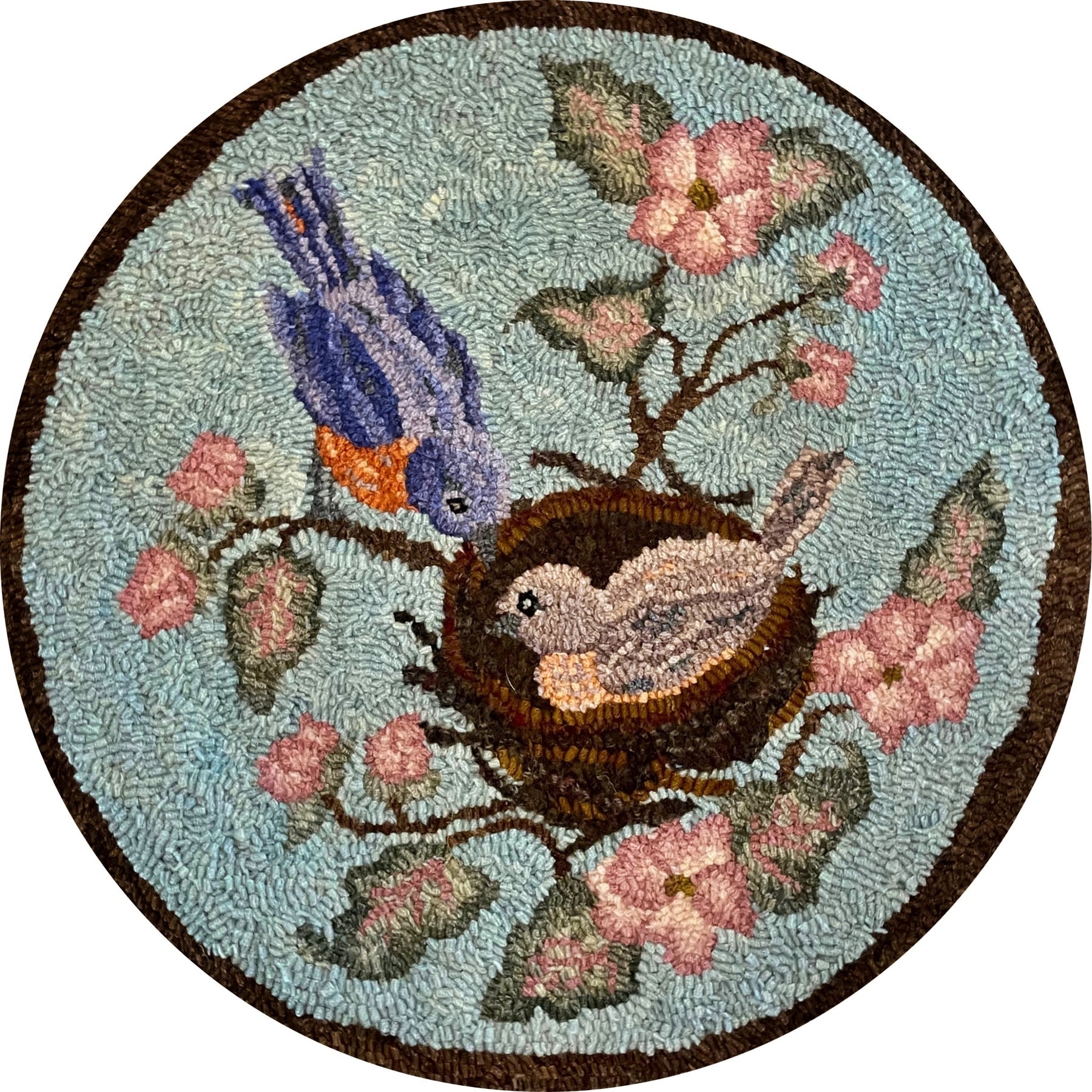 Bluebirds, rug hooked by Dawn Hebert