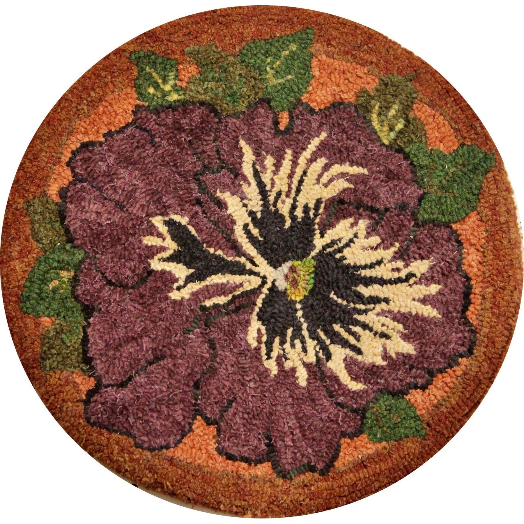 Large Pansy, rug hooked by Melissa Pattacini