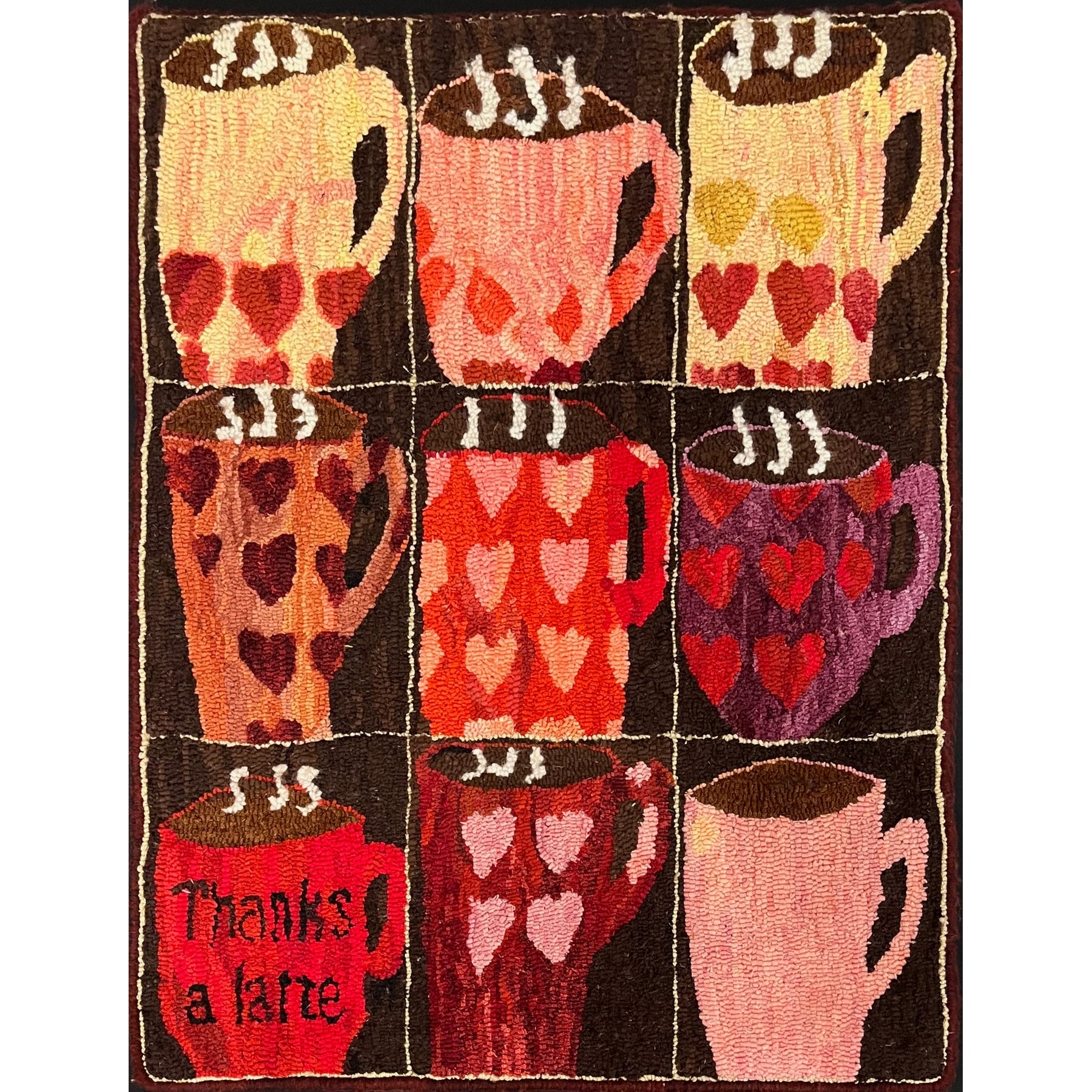 Thanks a Latte, rug hooked by Tracy Sinclair