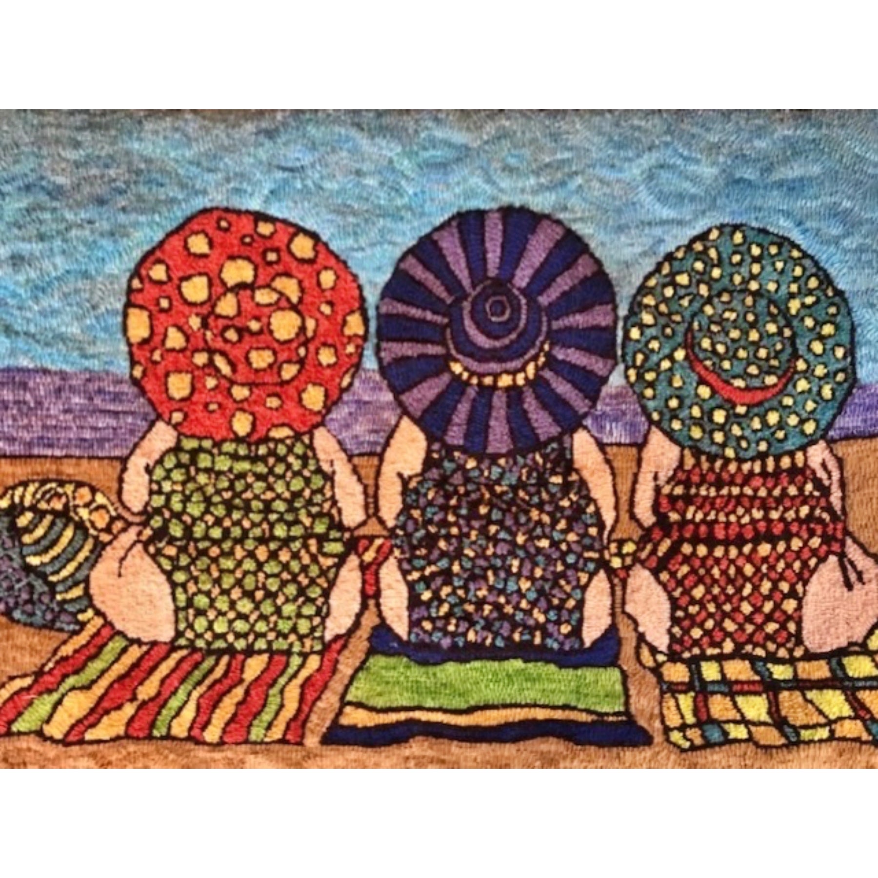The Girls Catching Some Rays, rug hooked by Karen Hawthorne