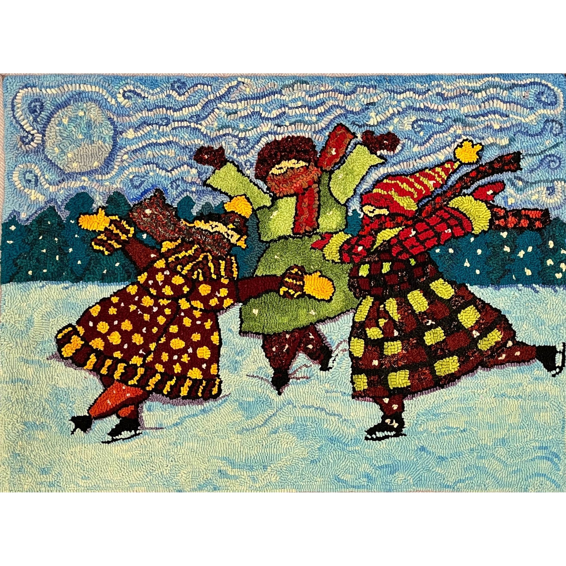 The Girls Embracing Winter, rug hooked by Elise Olsen