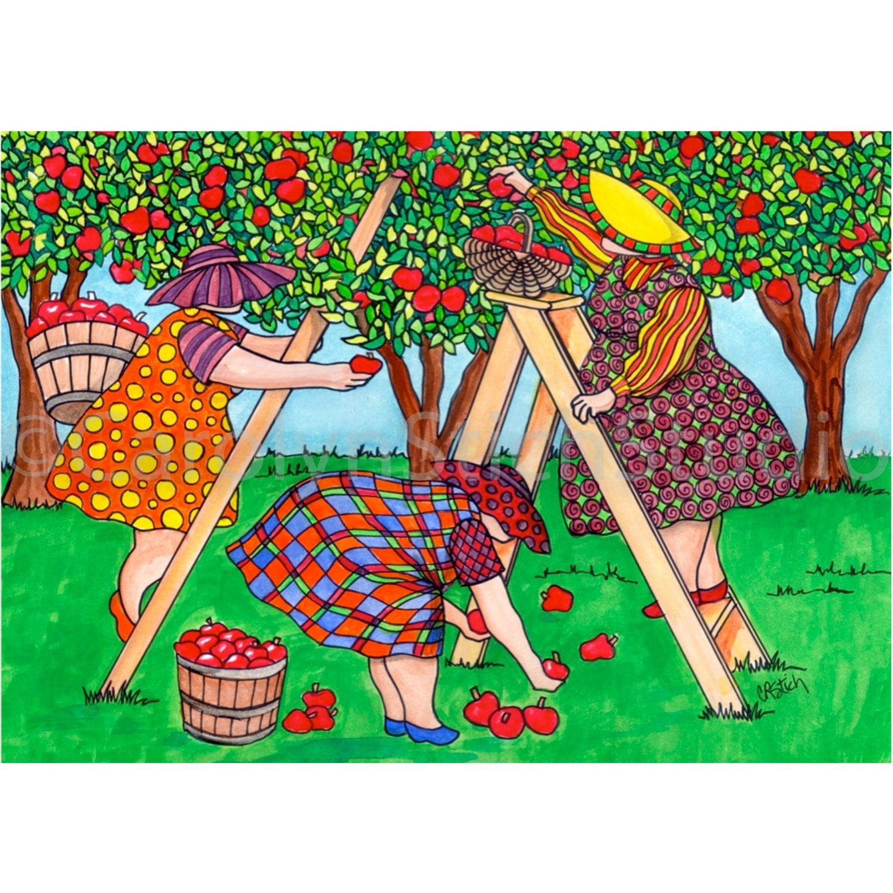 The Girls Pickin' Apples, rug hooking pattern