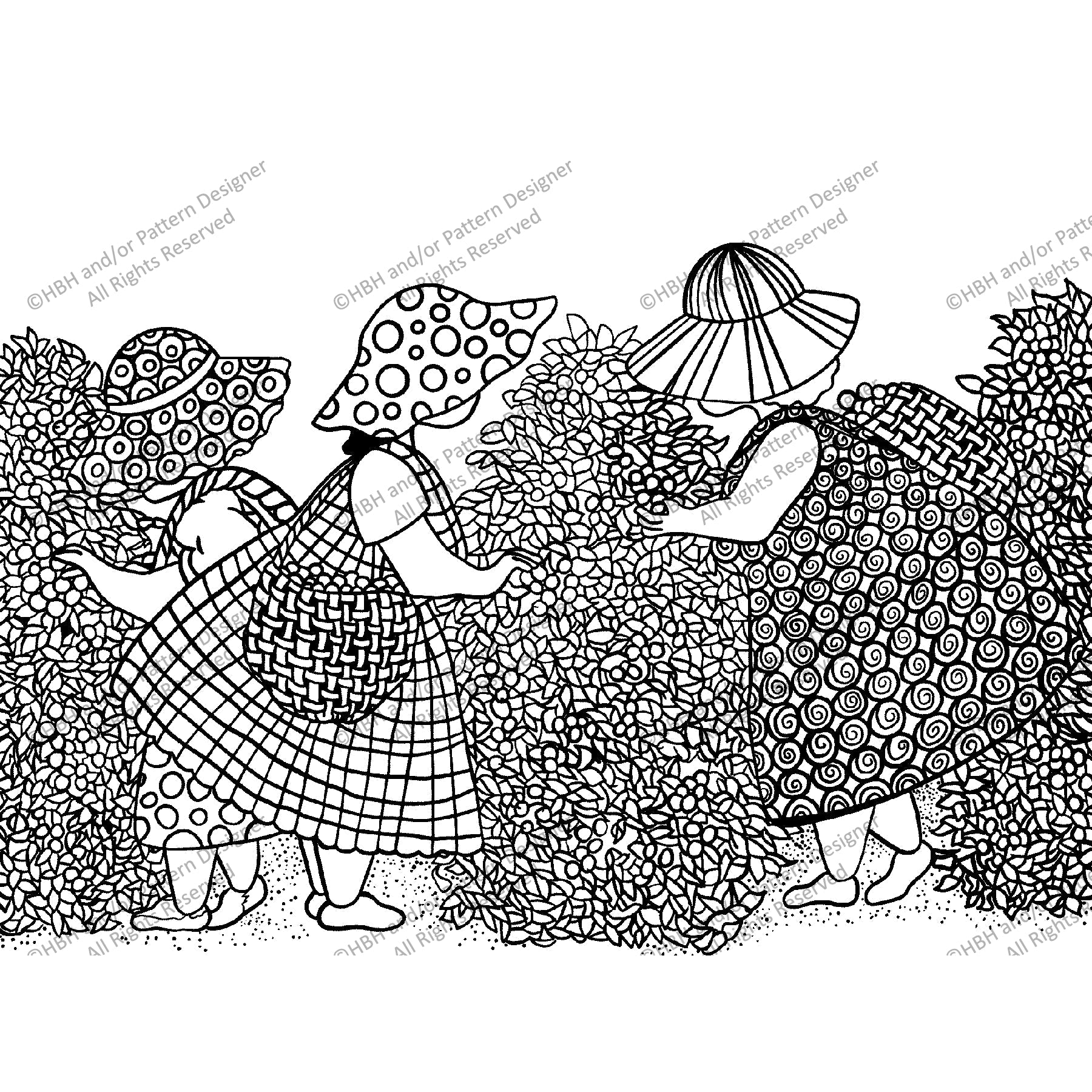 The Girls Pickin' Blueberries, rug hooking pattern