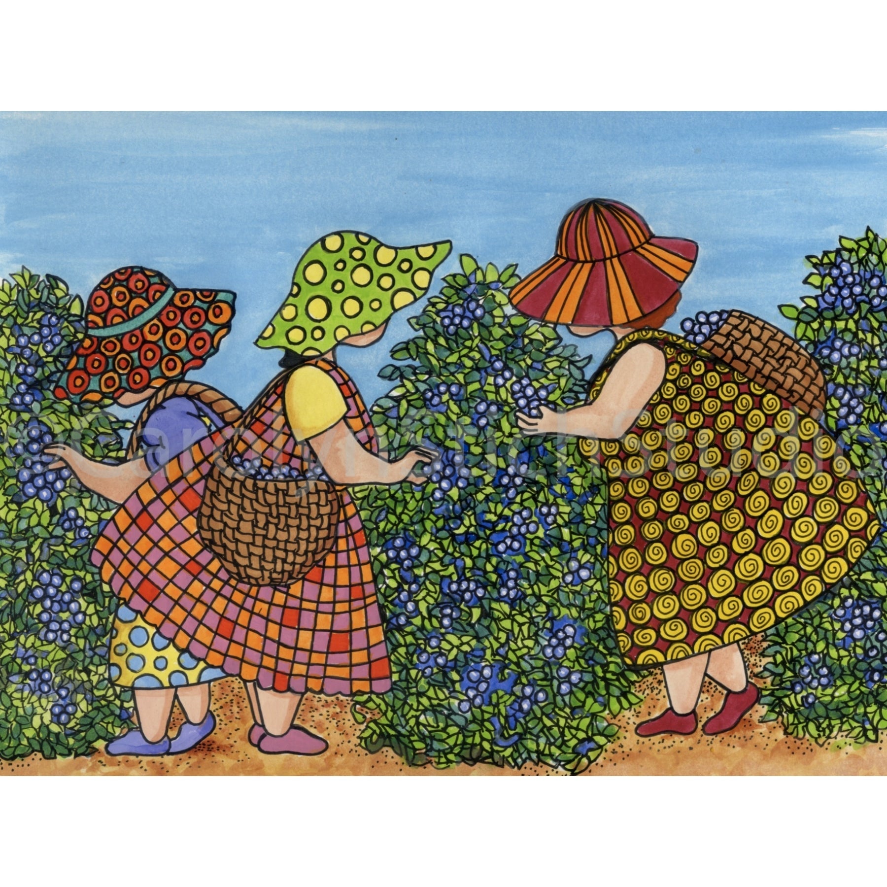 The Girls Pickin' Blueberries, rug hooking pattern