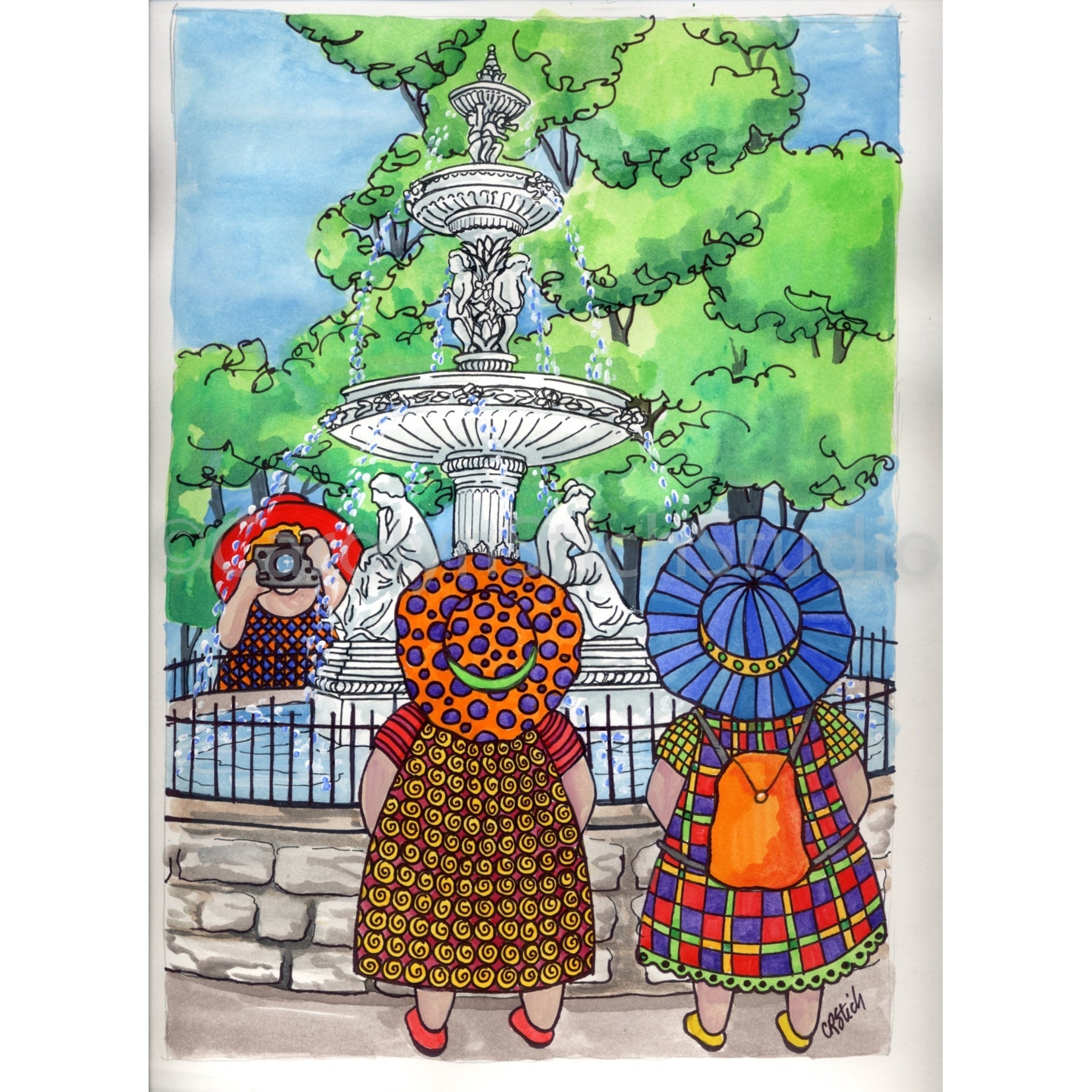 The Girls at St Joseph Fountain, rug hooking pattern