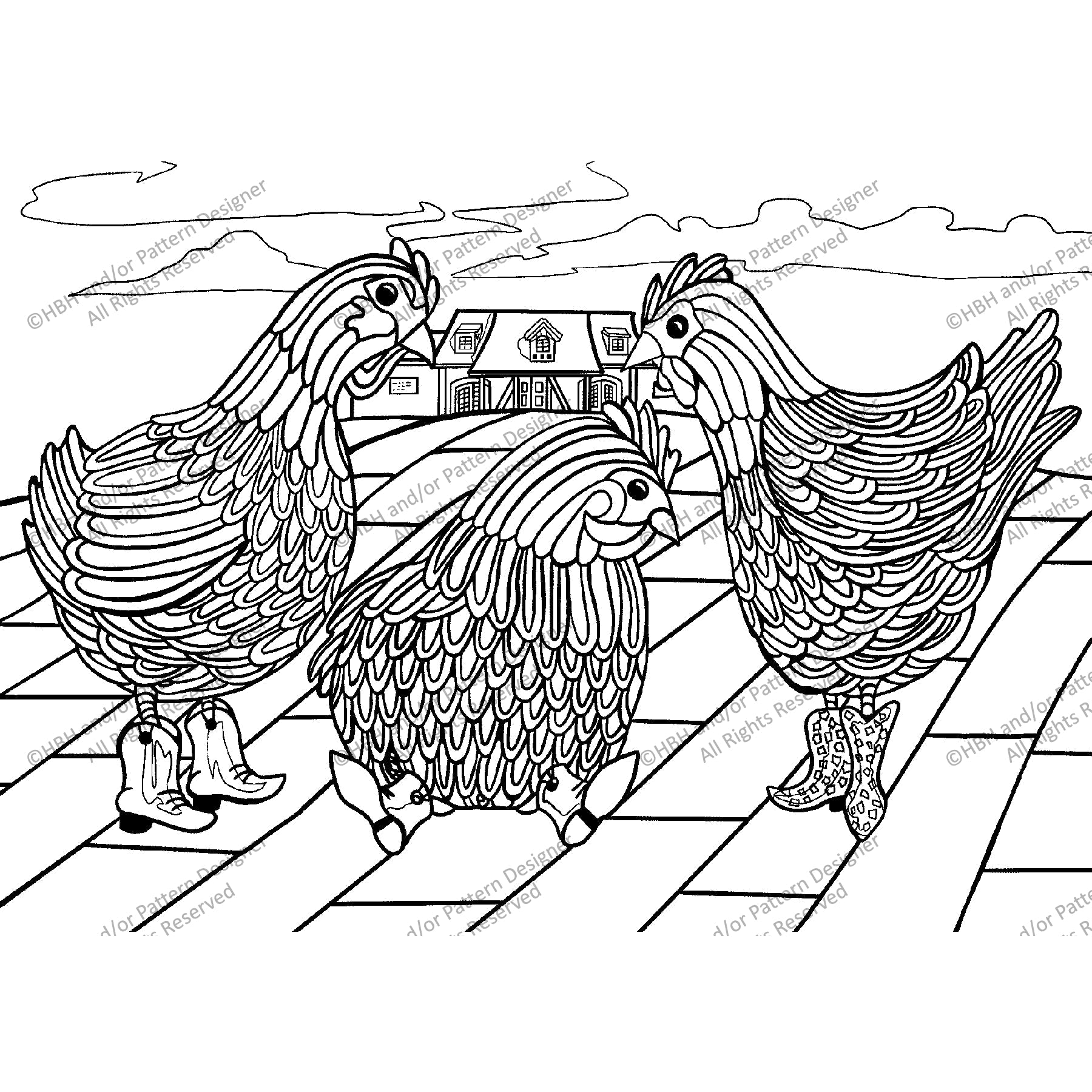 Three French Hens, rug hooking pattern