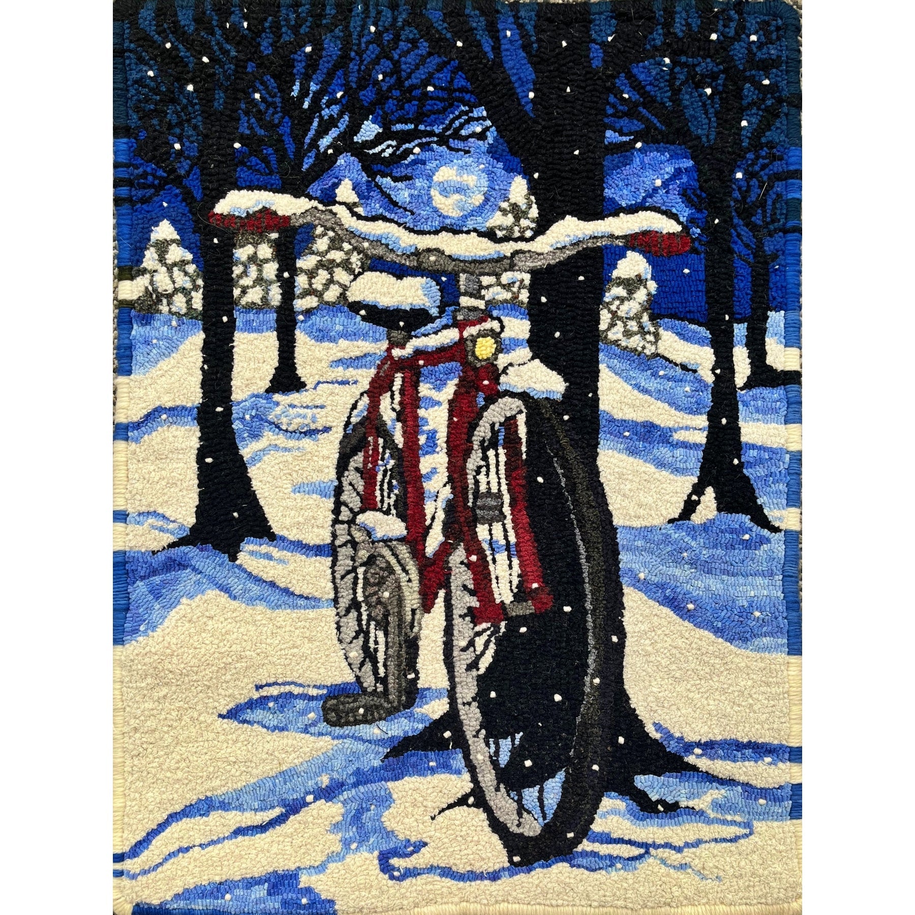 Winter Bike, rug hooked by Debbie Bogan