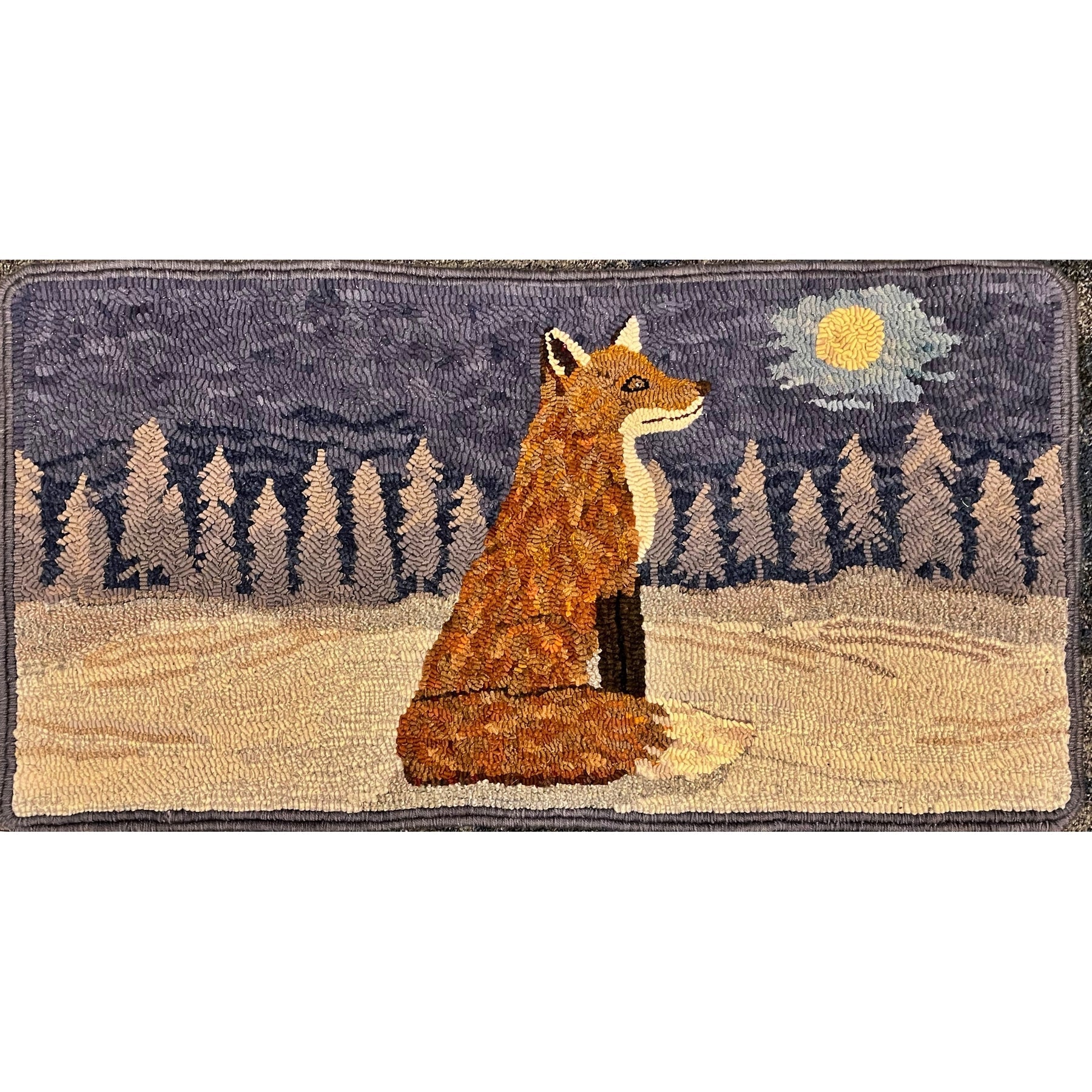 Winter Fox, rug hooked by Connie Bradley