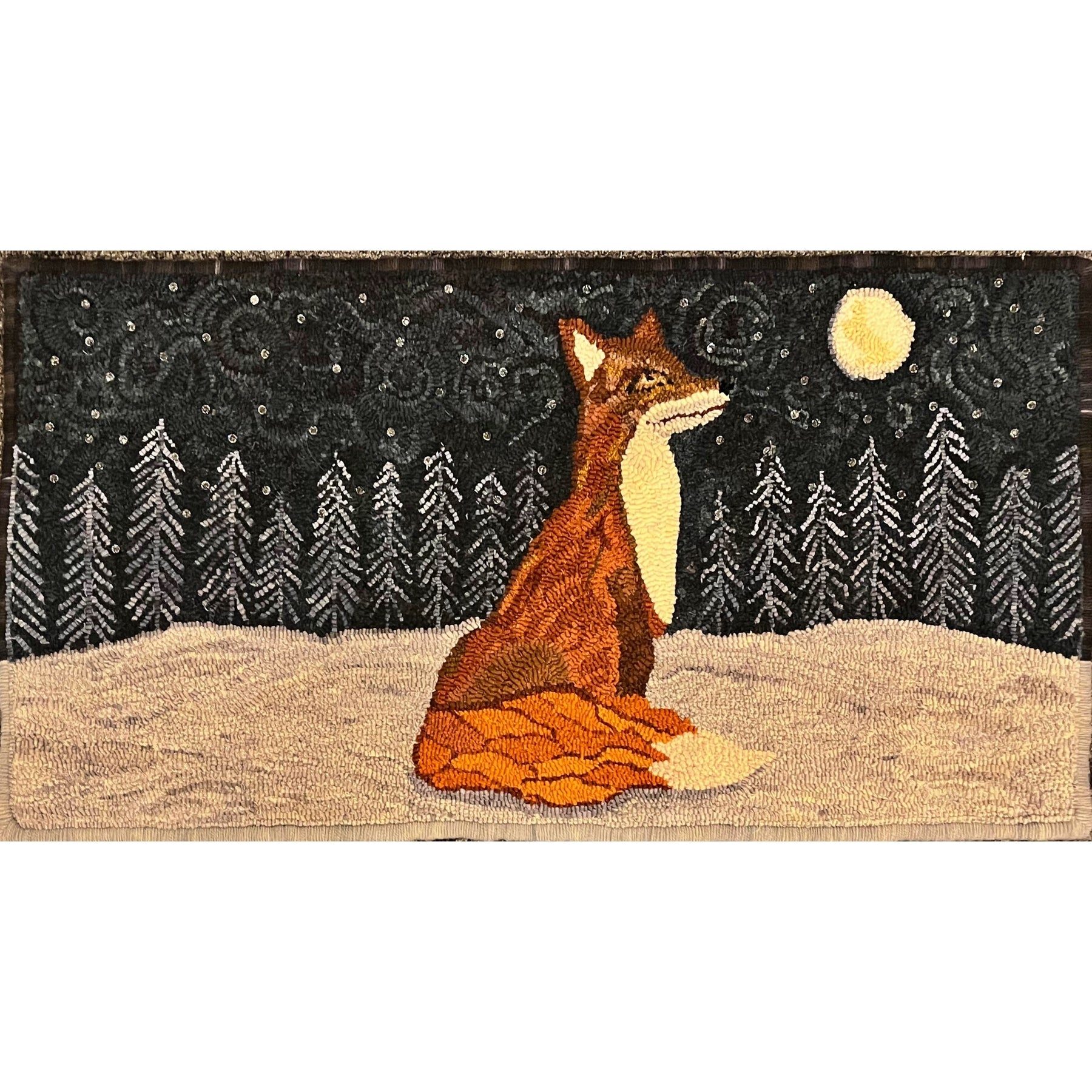 Winter Fox, rug hooked by Norita Blue