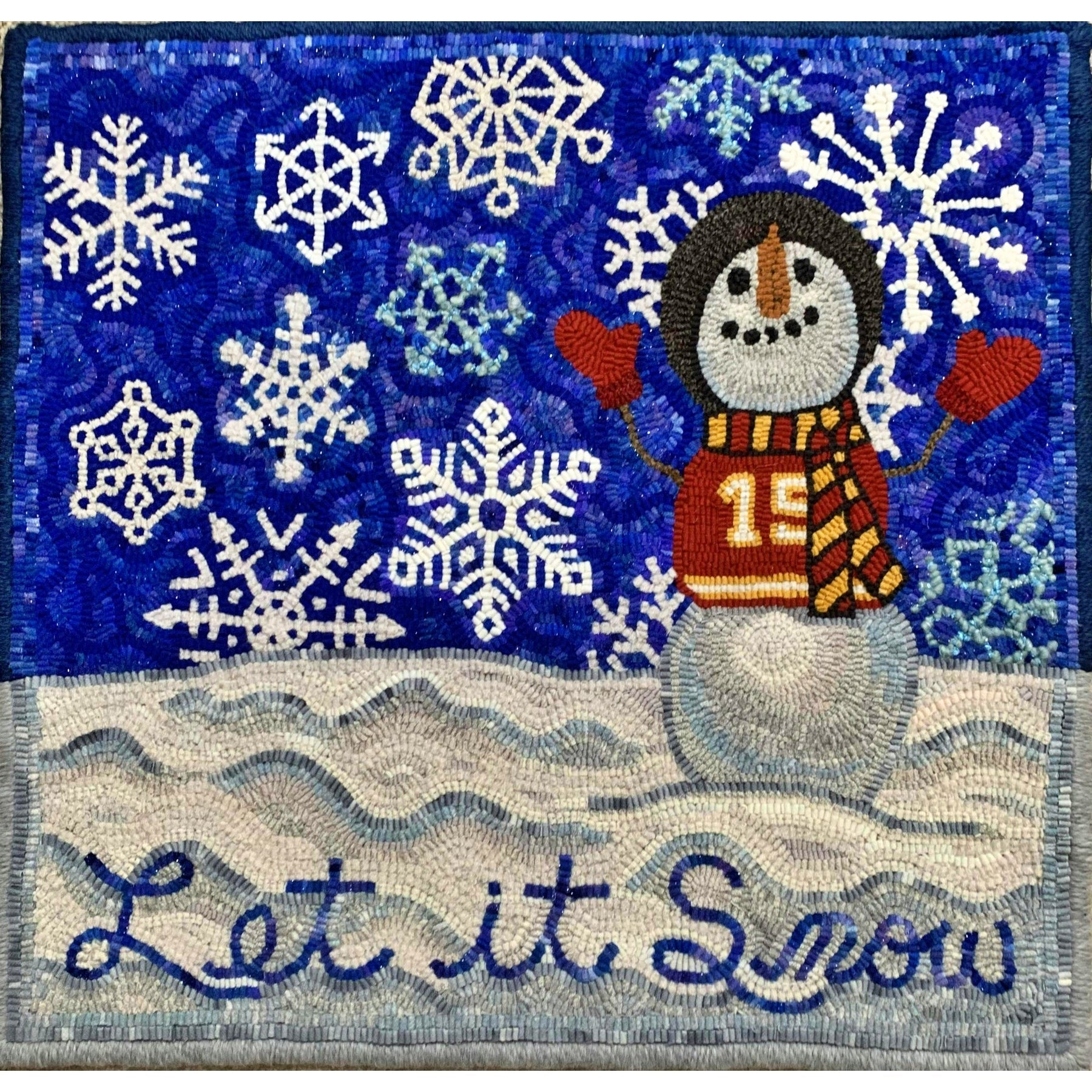Let it Snow, rug hooked by Delaine Miller