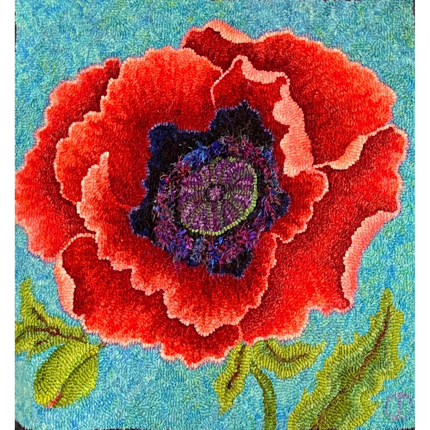 Poppy-A La O'Keefe, rug hooked by Cyndy Duade
