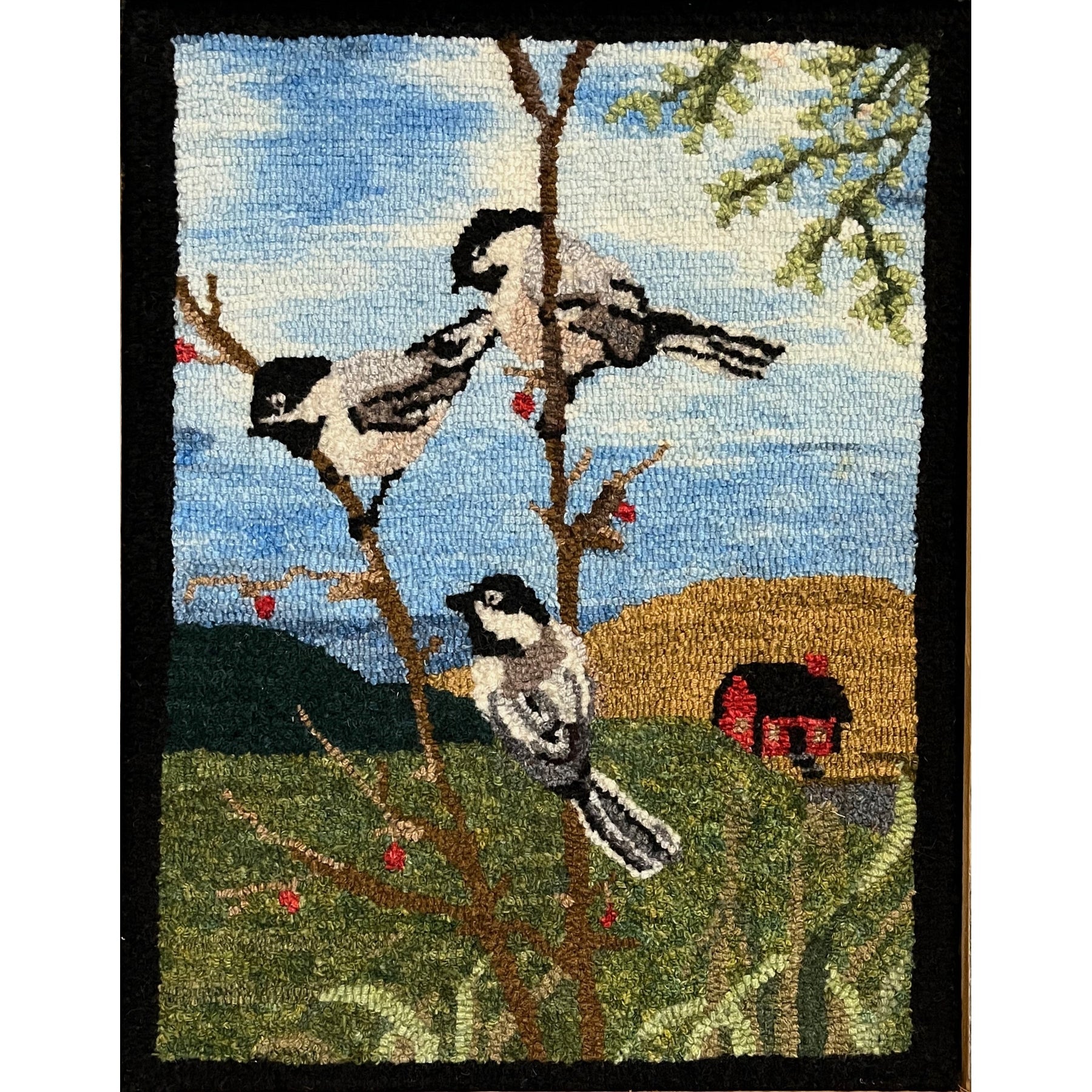 Chickadees, rug hooked by Cheryl Perilloux
